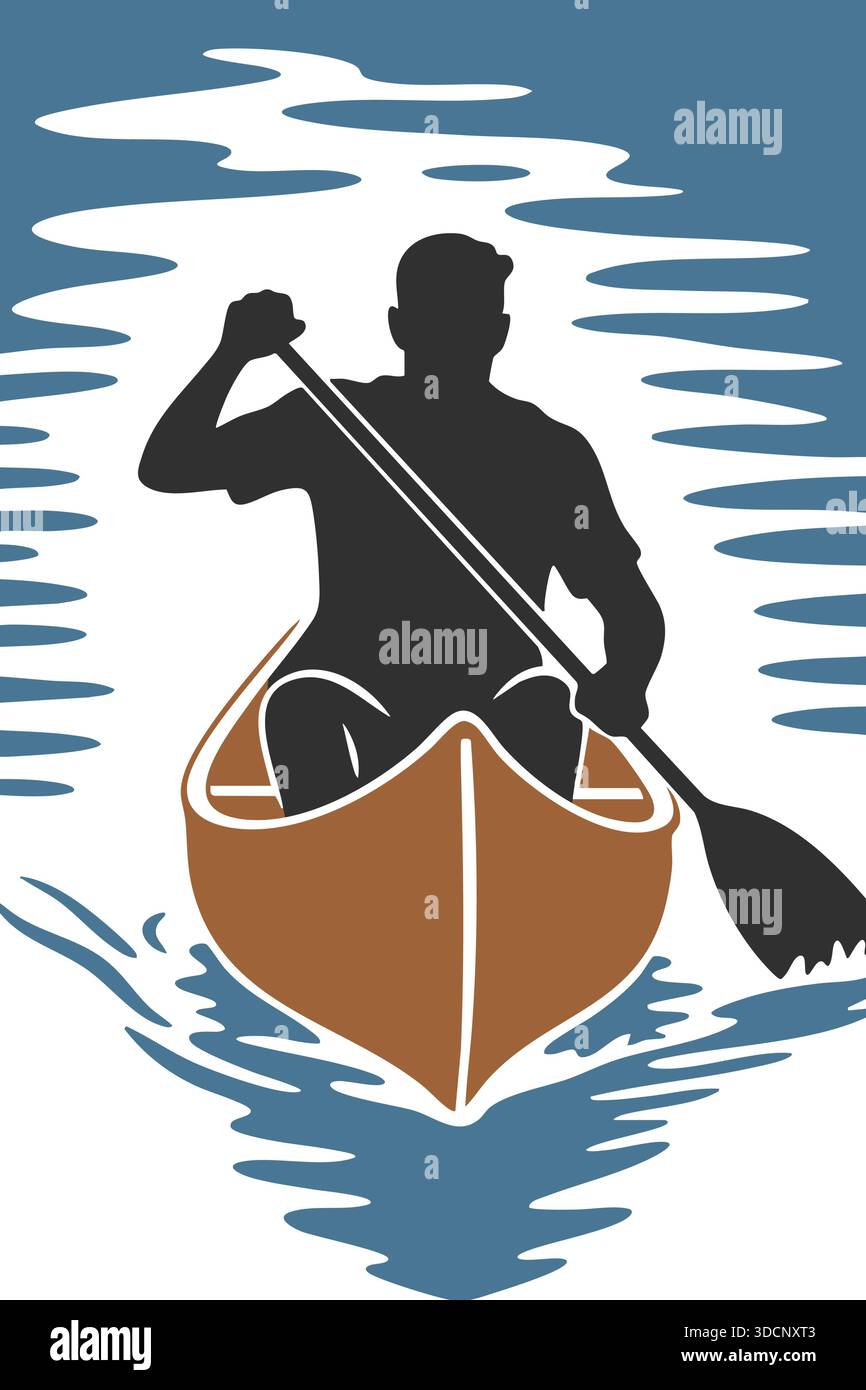 Silhouette d'une personne pagayant un canoë sur l'eau réfléchissante calme. Illustration de Vecteur