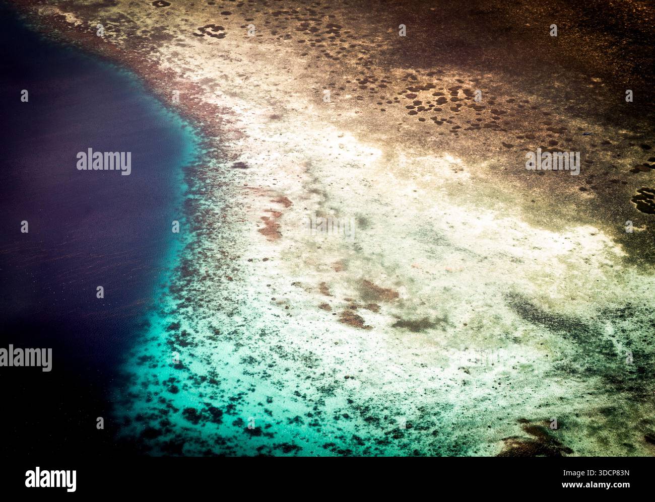 Vue aérienne d'une zone côtière avec des eaux peu profondes et une plage de sable, montrant un gradient du bleu profond au turquoise, avec des taches de corail et d'algues Banque D'Images