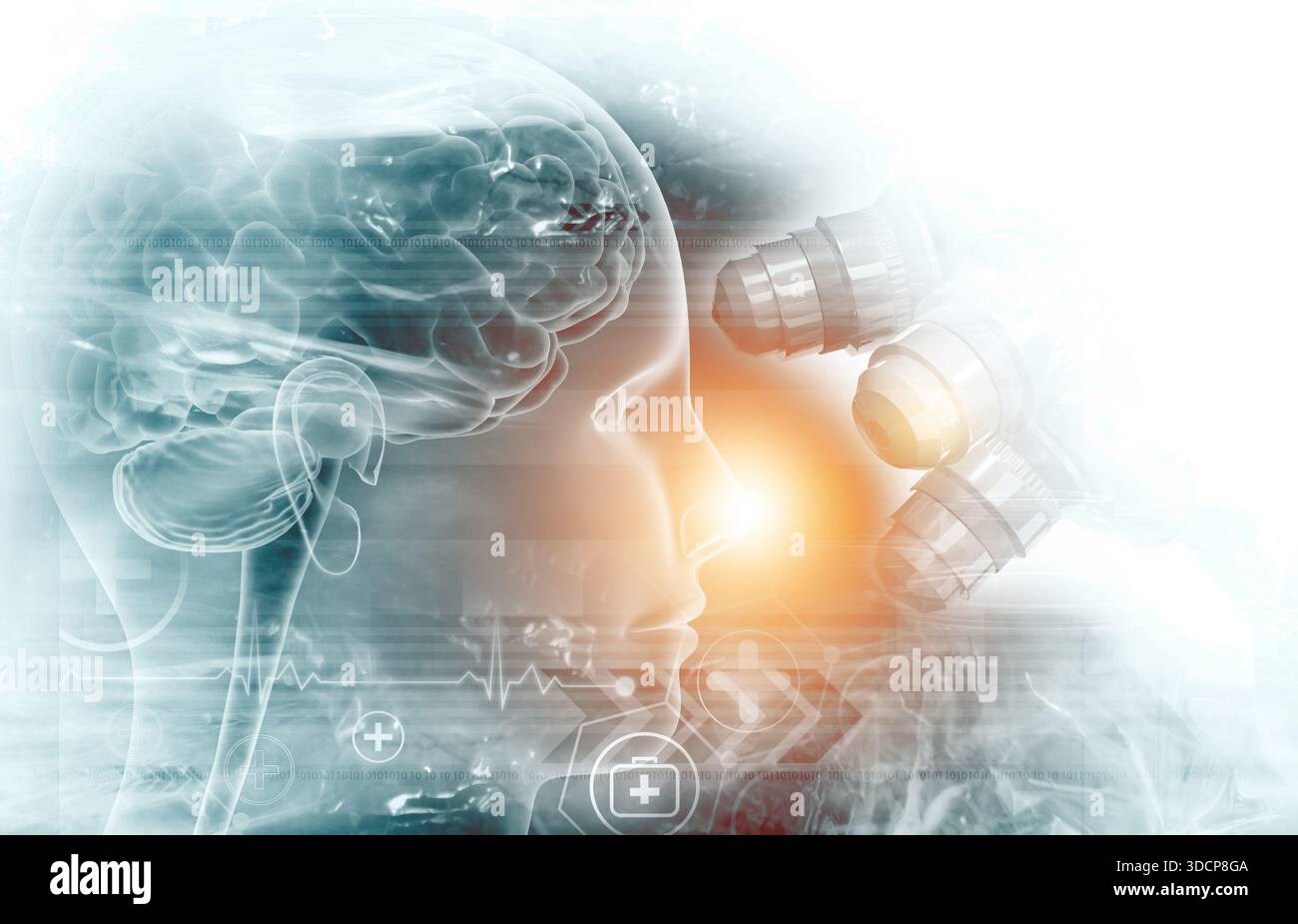 Tête humaine et microscope sur fond scientifique abstrait. illustration 3d. Banque D'Images
