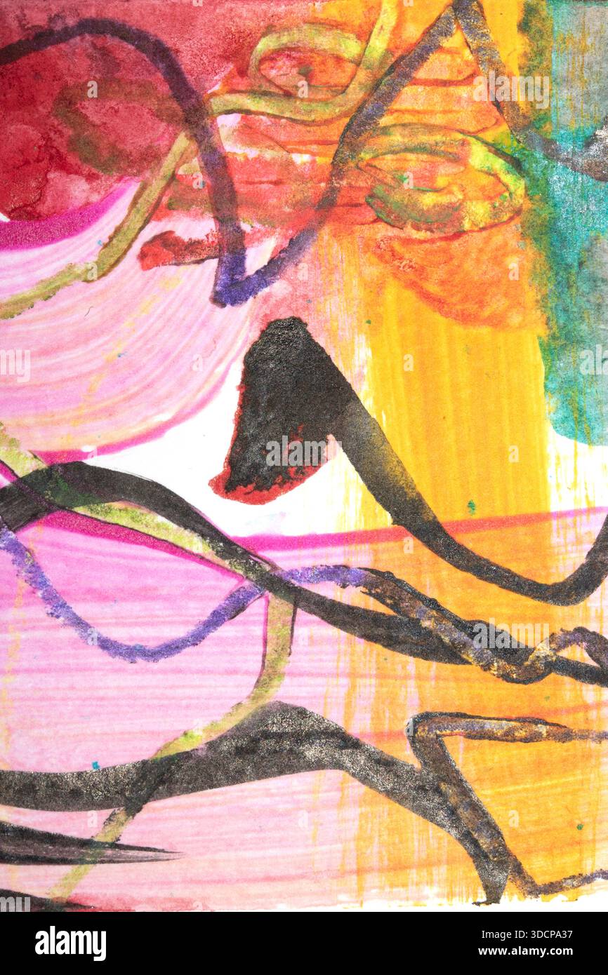 La peinture abstraite sauvage et les lignes de crayon éclaboussent un fond d'art vibrant Banque D'Images