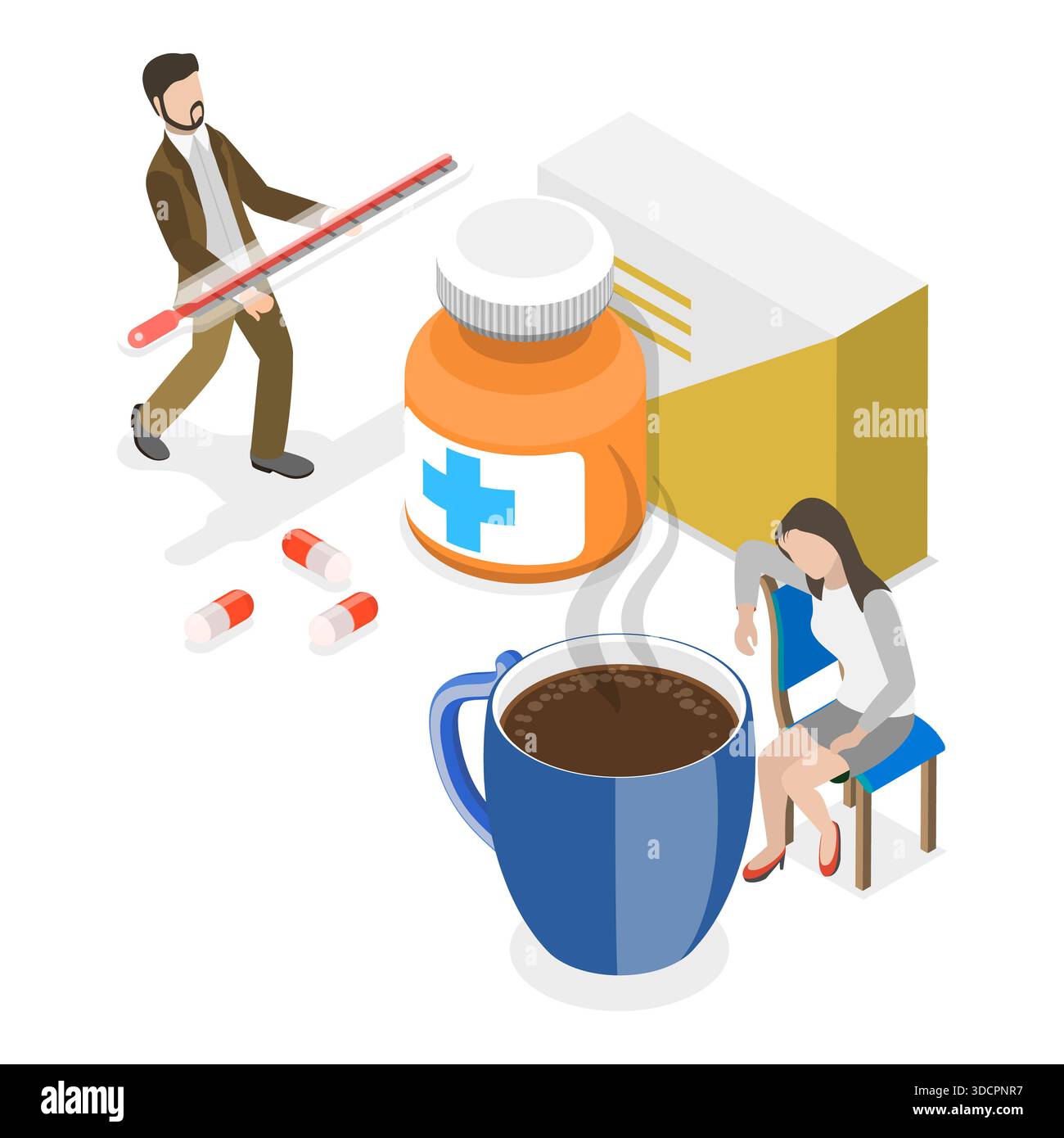 Illustration plate isométrique 3D du traitement de la grippe, de la médecine et des soins de santé. Point 1 Banque D'Images