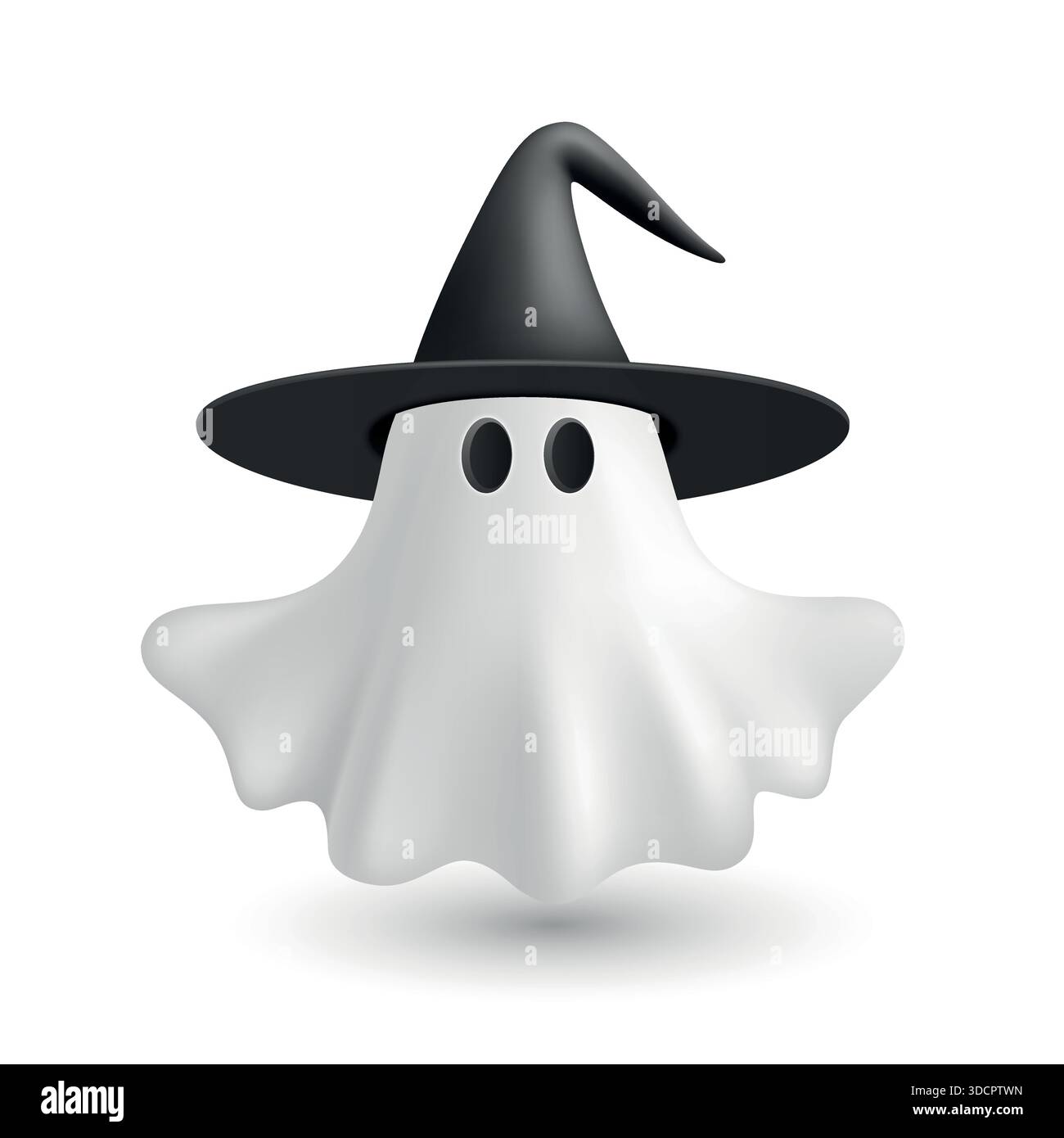 Vecteur 3d fantôme avec chapeau de sorcière. Illustration vectorielle blanche simple et mignonne. Personnage fantôme d'Halloween avec chapeau de sorcier noir et feuille flottante Illustration de Vecteur