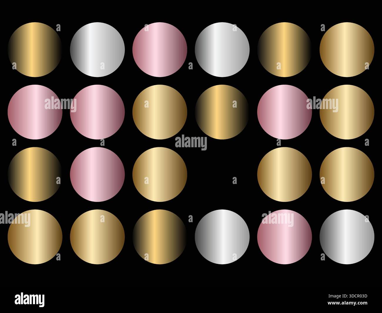 Une collection de formes ovales, de couleur métallique disposées en rangées sur un fond noir. Illustration de Vecteur