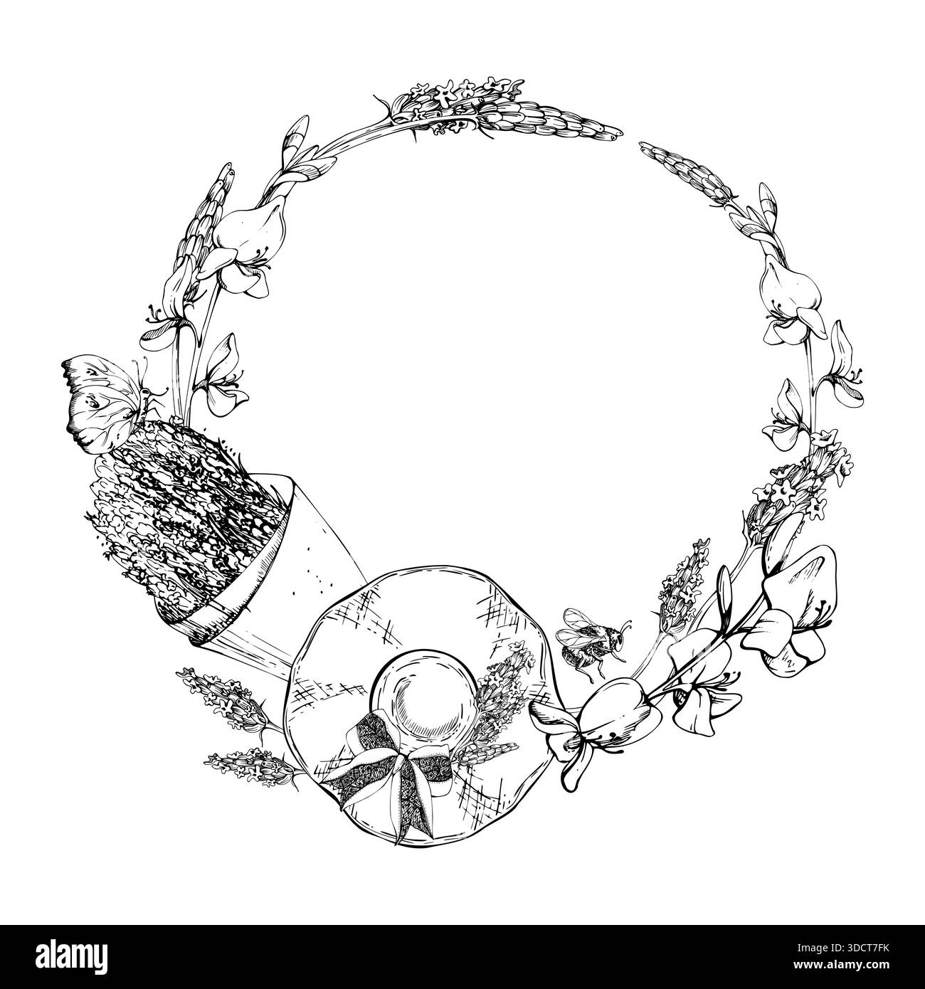Chapeau de soleil en paille avec noeud en ruban, bouquet lavandula lavande enveloppé de cône, bourdon papillon volant. Illustration de cadre de couronne isolée dessinée à la main Illustration de Vecteur