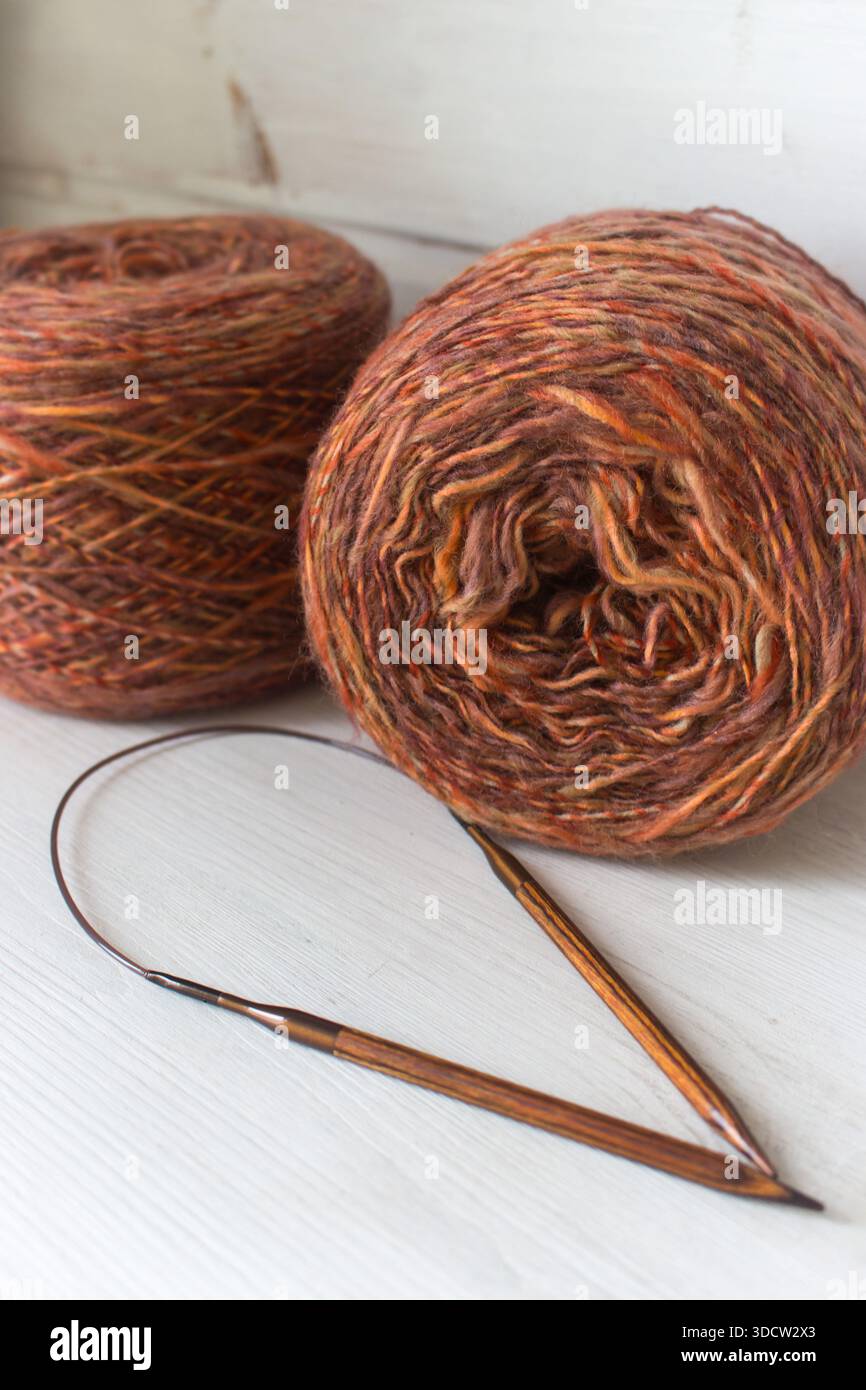 Fil marron chaud avec des aiguilles à tricoter en bois sur fond blanc. Aiguilles à tricoter et boules de fil orange. Boule et aiguilles de fil mérinos doux. Banque D'Images