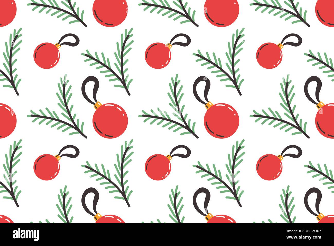 Motif sans couture festif avec décorations de sapin de Noël et branches de sapin. Verdure et ornements rouges dans un style plat. Illustration de Vecteur
