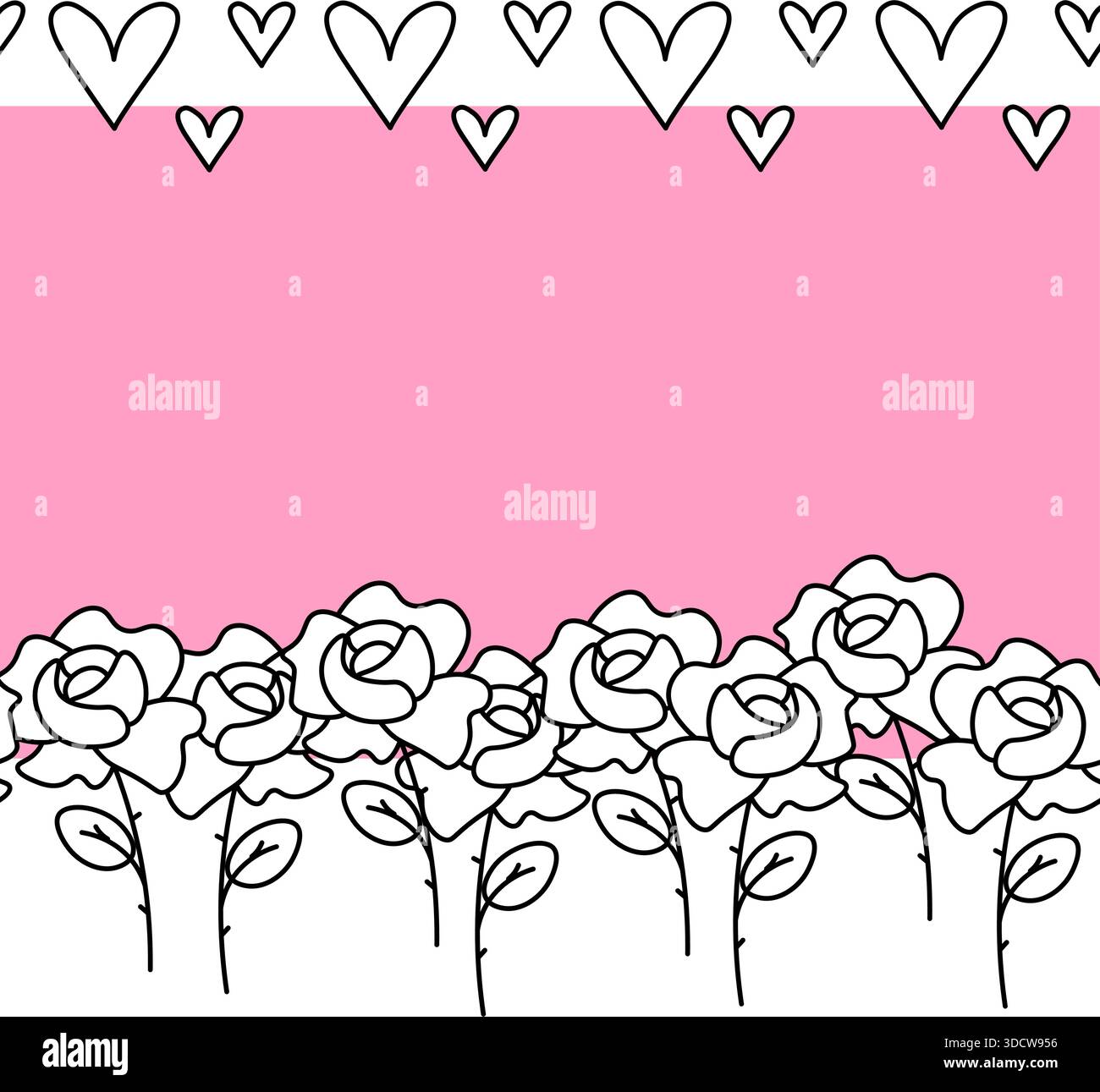 Coeurs et roses cadre Saint-Valentin bordure horizontale sans couture. Illustration en noir et blanc de la ligne graphique vectorielle. pour forfait, design de vacances, fabr Illustration de Vecteur