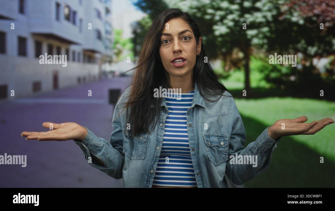Femme avec les mains croisées sur la poitrine portant une veste en denim et un haut rayé sur une rue de la ville devant une façade de bâtiment ; incertitude hésitation. Banque D'Images
