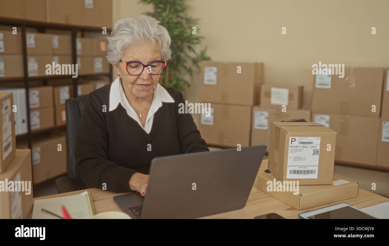 Femme âgée lève les poings à l'ordinateur portable au milieu des boîtes d'expédition empilées et des étiquettes sur les étagères d'un bâtiment ; fierté entrepreneuriale. Banque D'Images