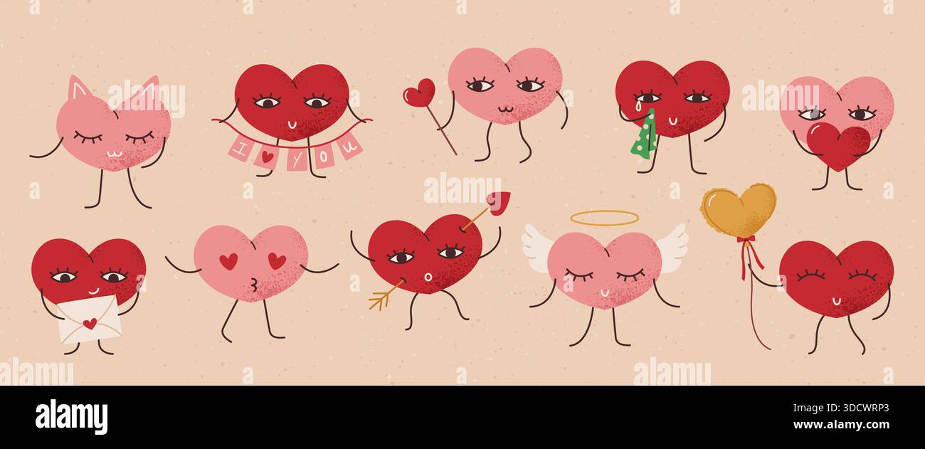 Adorables personnages de cœur de Saint-Valentin. Jeu d'autocollants. Illustration de Vecteur