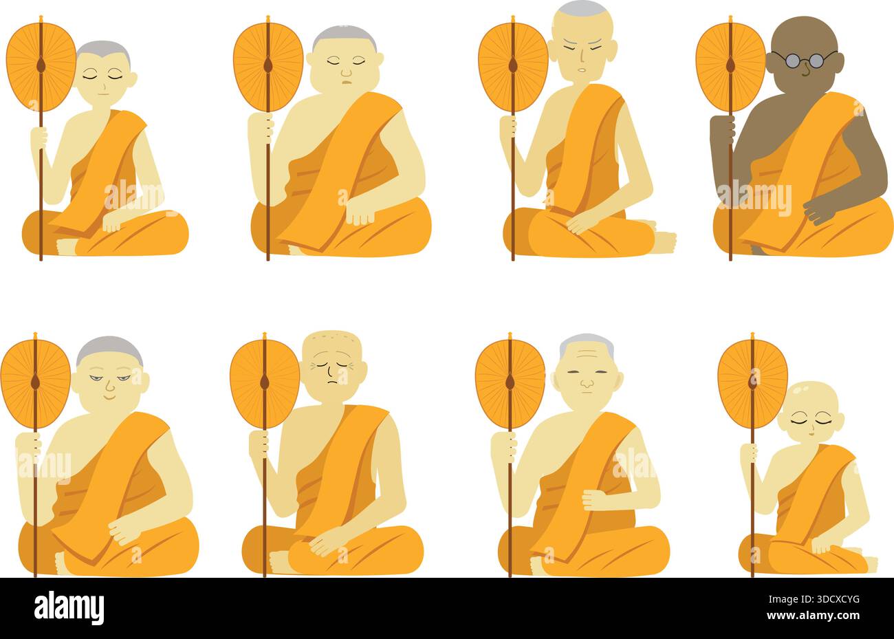 Une collection d'illustrations sereines mettant en vedette huit moines bouddhistes thaïlandais Theravada vêtus de robes orange, méditant et tenant un éventail Illustration de Vecteur