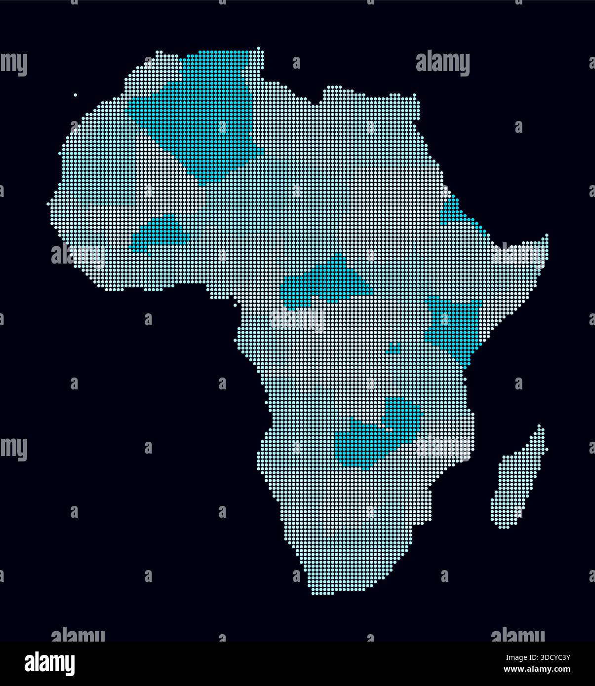 Carte en pointillés de l'Afrique. Carte de style numérique du continent sur un fond sombre. Forme africaine avec des points circulaires. Style de points colorés. Cercles de petite taille. Illustration de Vecteur