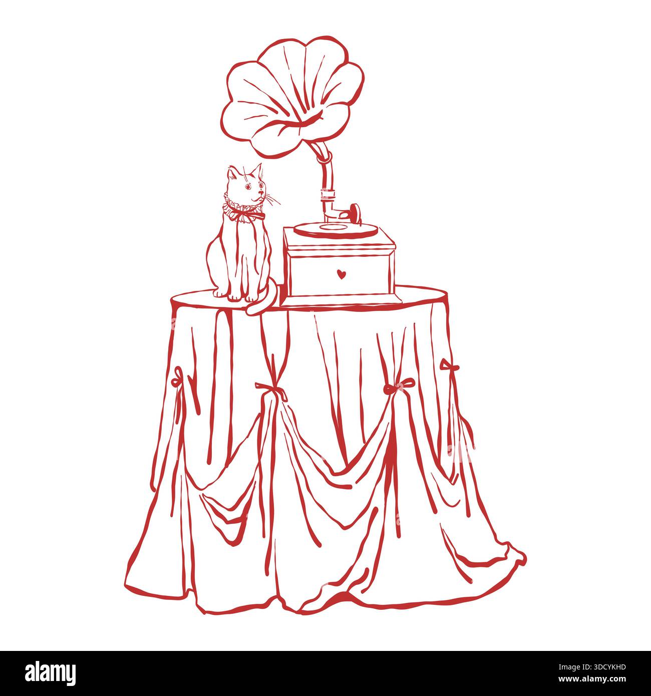 Illustration linéaire vintage d'un chat et d'un gramophone rétro sur une table festive. Illustration rétro pour la Saint-Valentin, mariage. Instruments de musique rétro. Illustration vectorielle rouge sur fond blanc Illustration de Vecteur