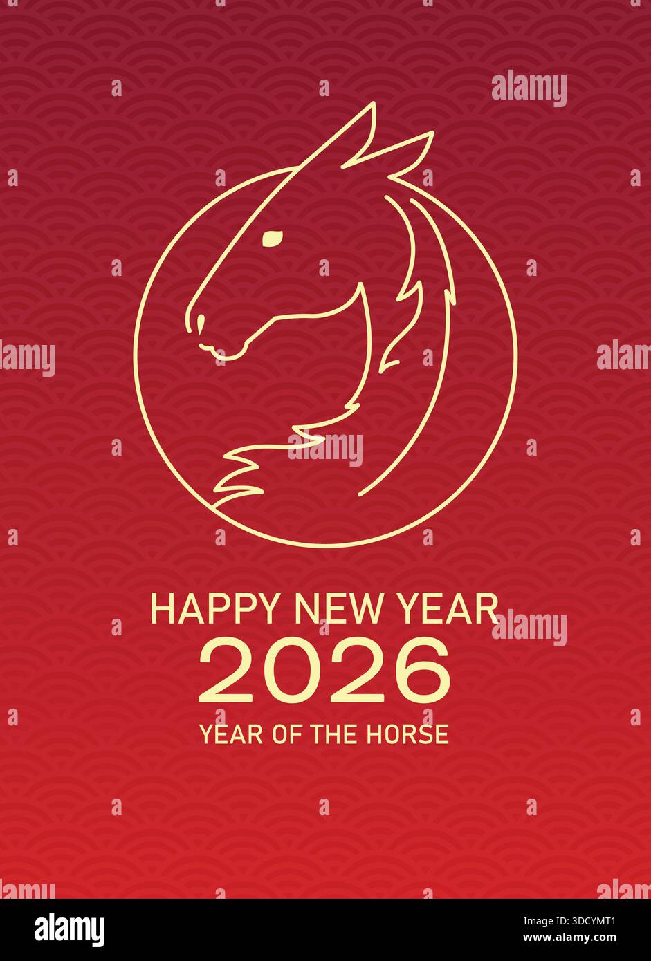 Nouvel an chinois du cheval 2026 carte vectorielle minimaliste avec tête de cheval dans le style artistique en ligne. Illustration de Vecteur