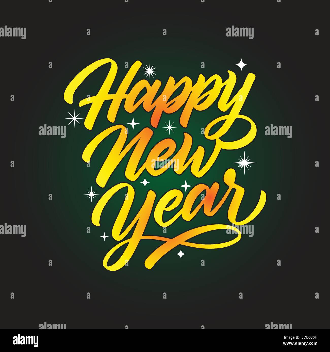 Bonne nouvelle année Vector EPS Greeting. Calligraphie en or jaune élégante avec étoiles scintillantes sur fond vert foncé de vacances. Illustration de Vecteur