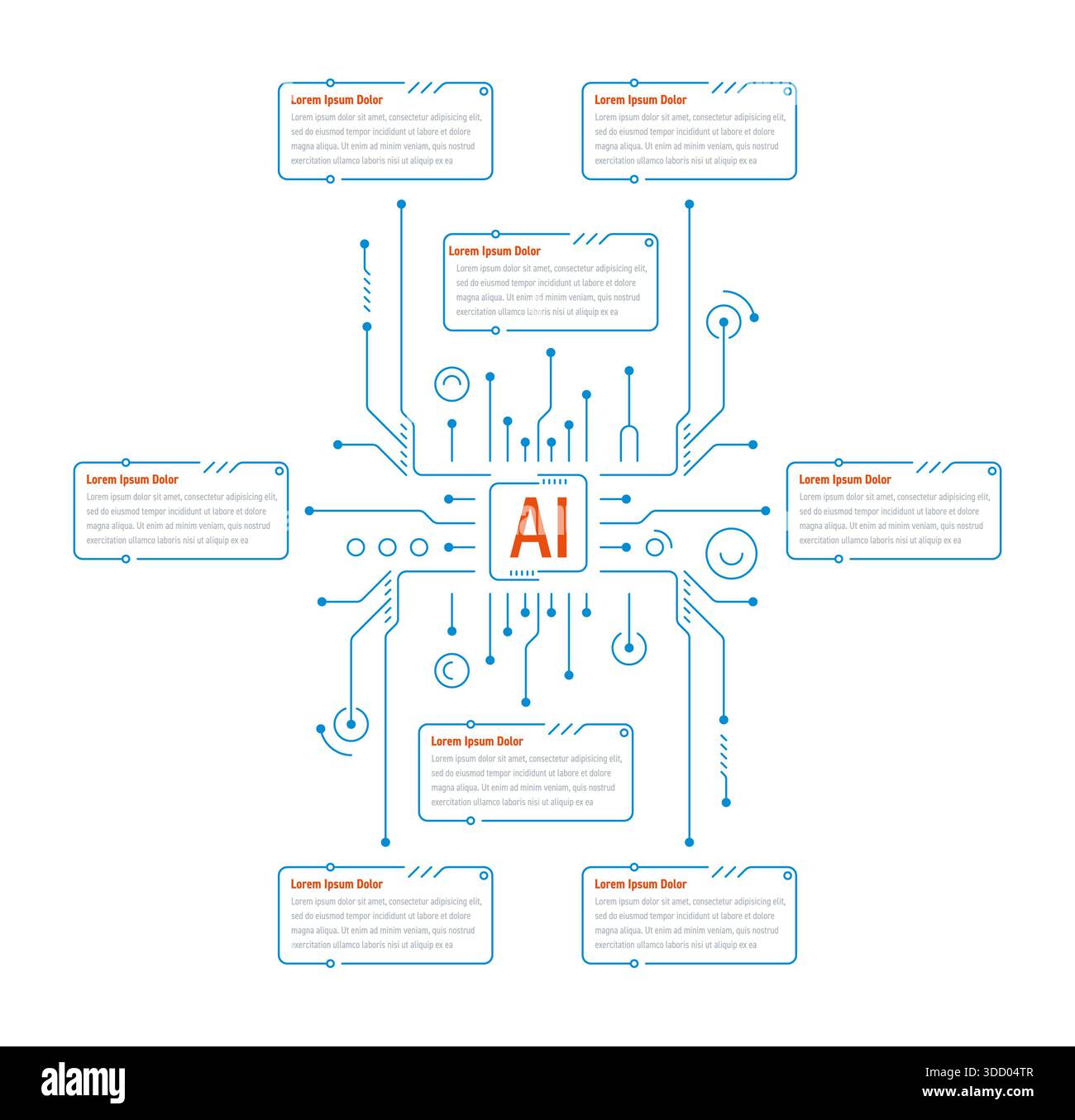 Modèle infographique sur le thème de l'intelligence artificielle en huit étapes. Modèle d'infographie pour la technologie, les affaires, l'éducation Banque D'Images