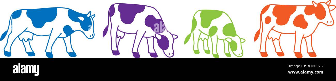 Ensemble de vaches dans différentes poses et couleurs. Icônes modernes de bétail de style bande dessinée Illustration de Vecteur
