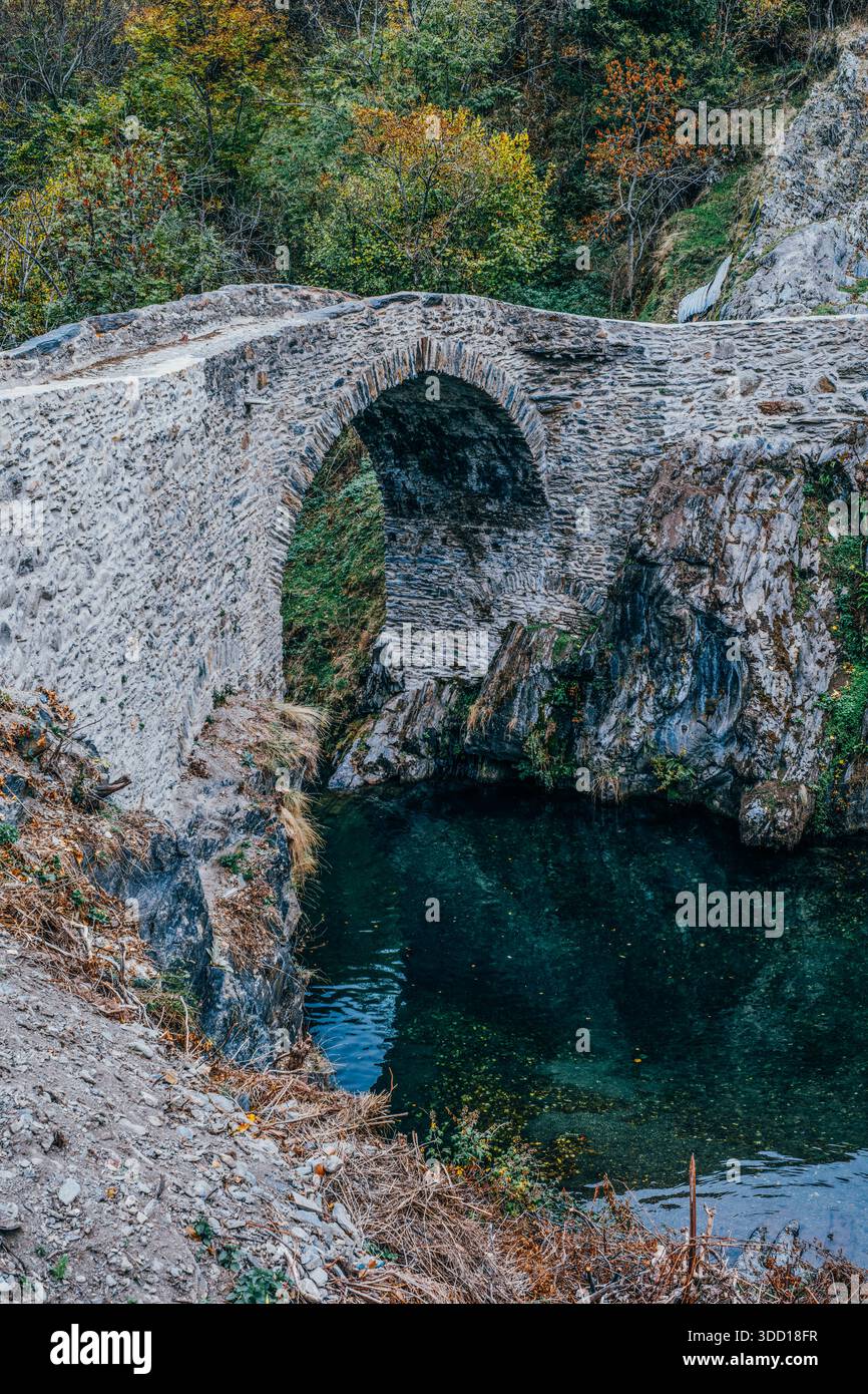 Petit pont médiéval en pierre sur Clear River dans les Pyrénées catalanes Banque D'Images