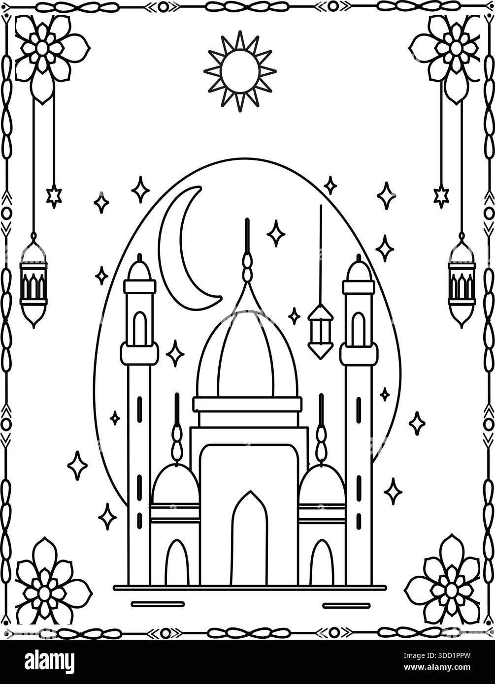 Illustration élégante de mosquée islamique avec croissant de lune et lanternes. Page de coloriage de mosquée pour enfants et adultes. Illustration de Vecteur