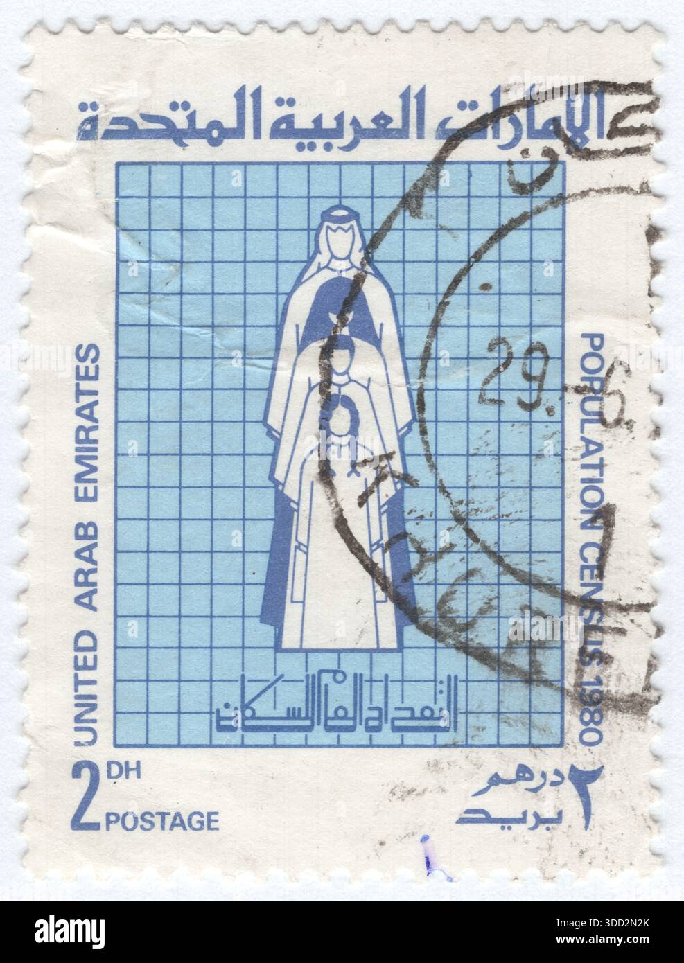 Emirats ARABES UNIS - 1980 décembre 15 : timbre-poste à 2 dirham bleu foncé et cobalt clair représentant la famille arabe sur graphique. Le recensement de la population des Émirats arabes Unis de 1980 a été un événement statistique crucial dans l'histoire du pays. Réalisé le 15 décembre 1980, il s'agissait du deuxième recensement fédéral après l'unification des émirats et capturait les changements démographiques massifs déclenchés par le boom pétrolier et le développement rapide des infrastructures Banque D'Images