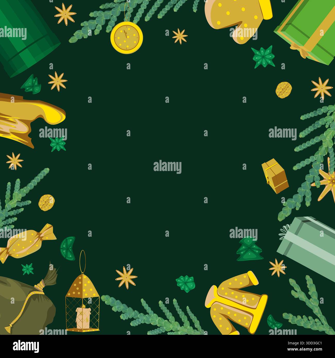Cadre carré avec des éléments de Noël et du nouvel an dans des tons verts sur un fond vert Illustration de Vecteur