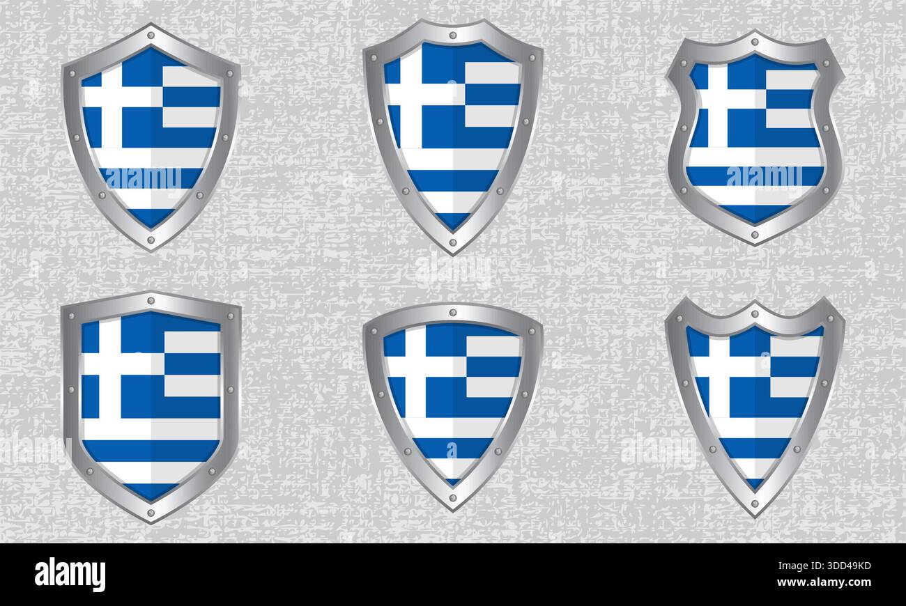 Ensemble vectoriel de boucliers métalliques avec le drapeau grec et l'ombre Illustration de Vecteur
