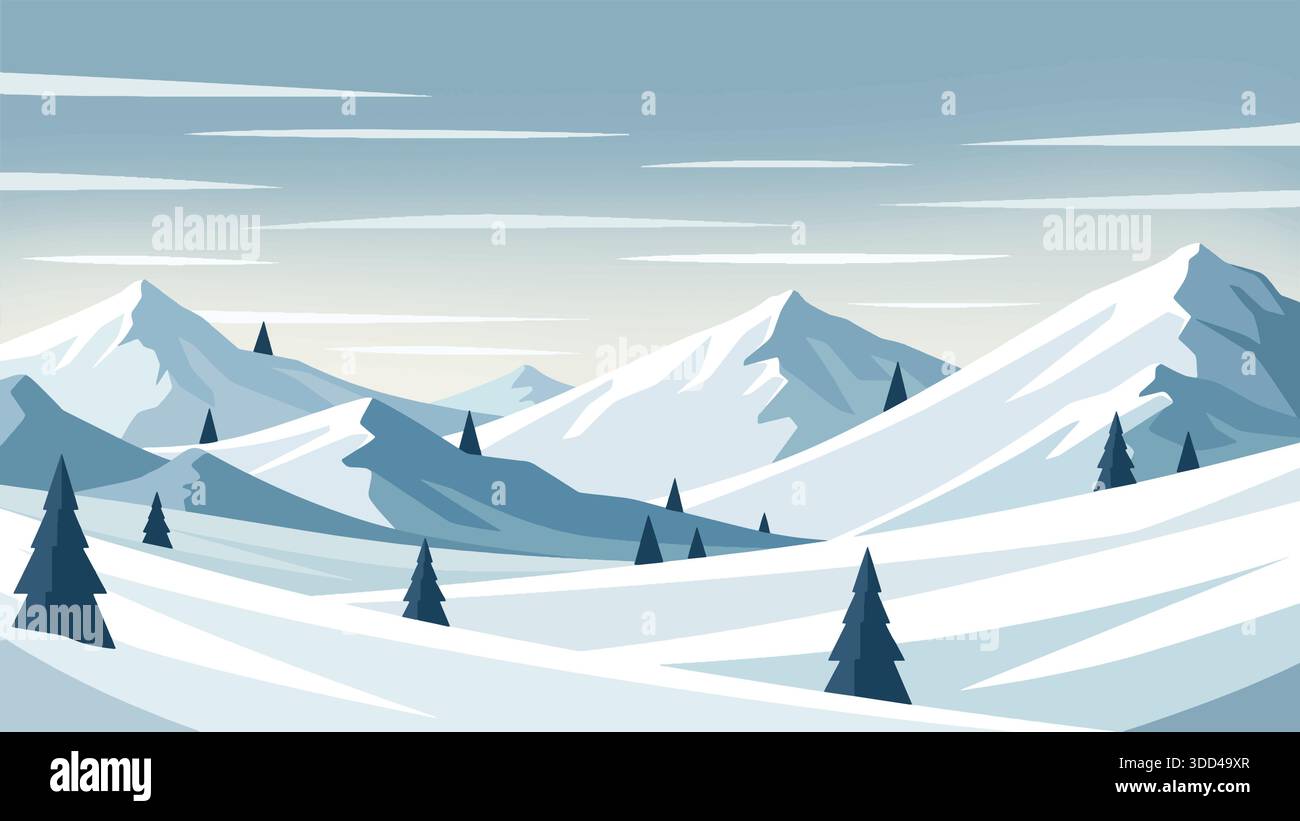 Illustration de paysage de montagne enneigée d'hiver avec des pins et ciel bleu Illustration de Vecteur