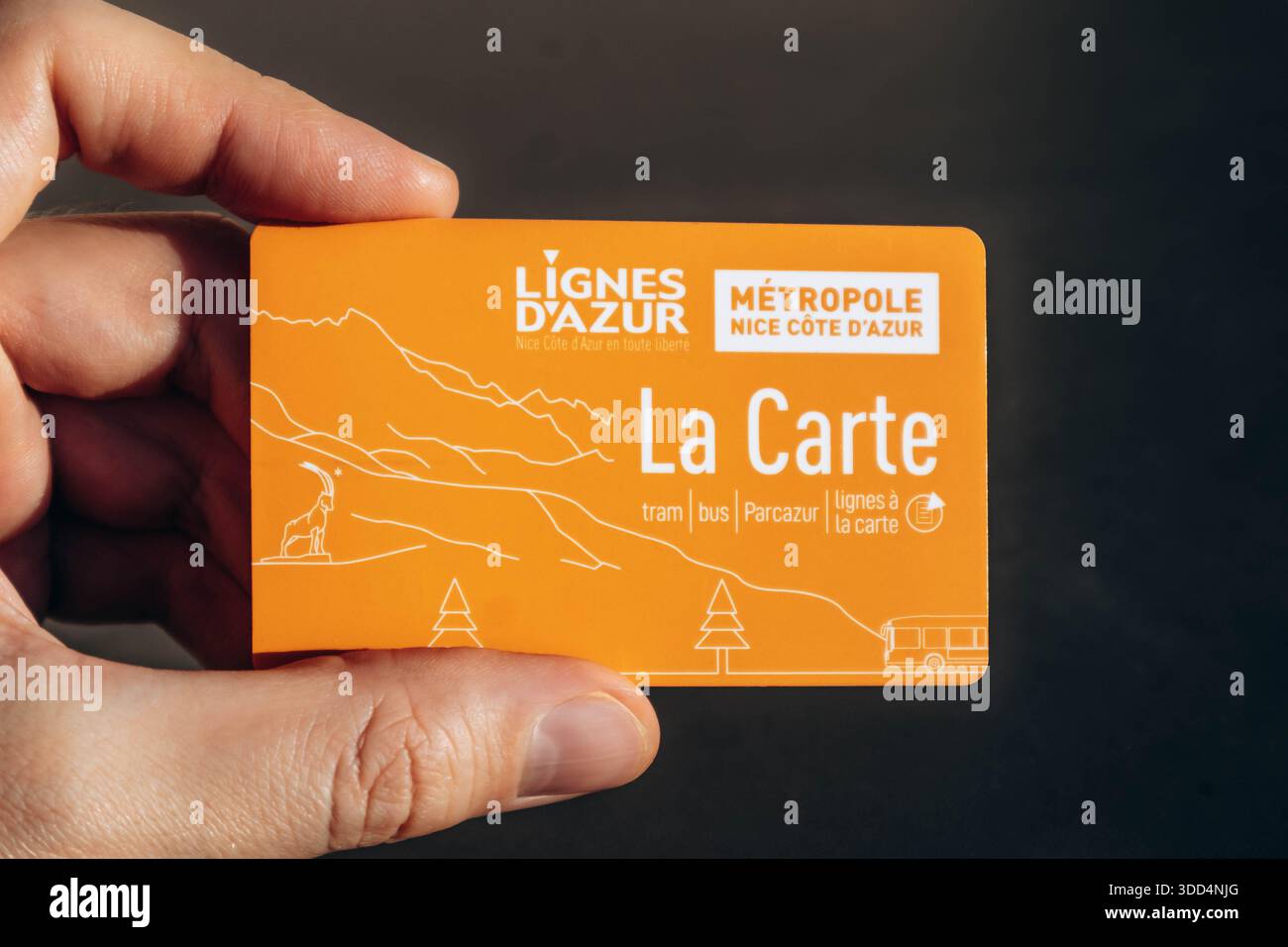 Nice, France - 9 décembre 2025 : la carte des transports publics de lignes d Azur tenue dans une main masculine Banque D'Images