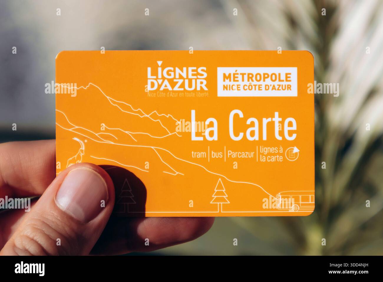 Nice, France - 9 décembre 2025 : la carte des transports publics de lignes d Azur tenue dans une main masculine Banque D'Images