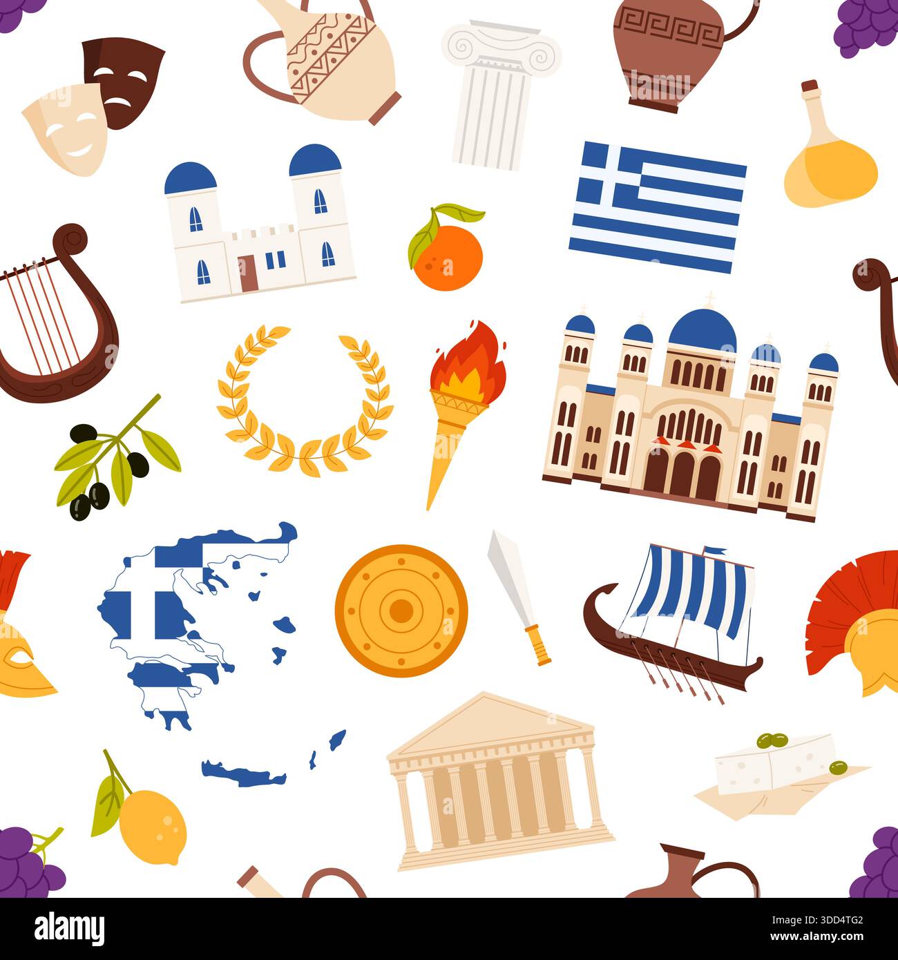 Symboles grecs traditionnels, l'architecture, la nourriture et les éléments historiques disposés dans un modèle homogène pour les projets culturels et éducatifs, isolés sur fond blanc illustration vectorielle Illustration de Vecteur