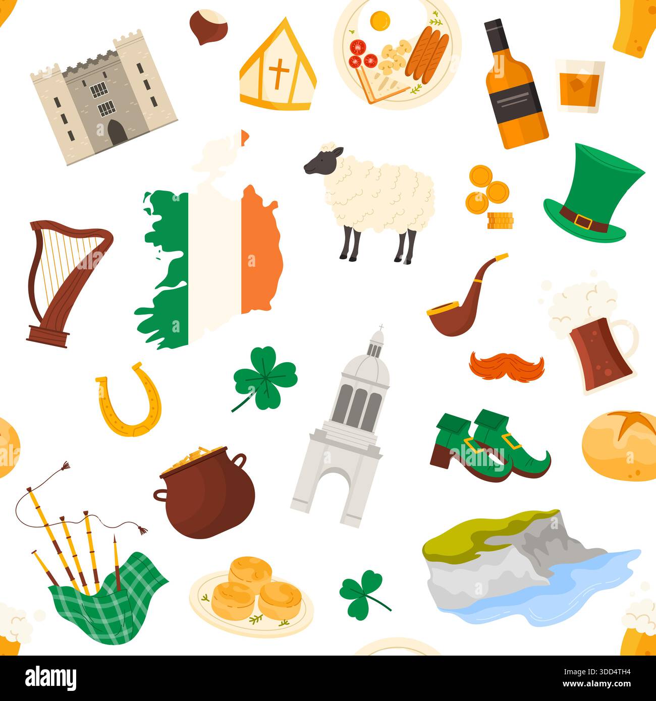 Icônes irlandaises traditionnelles, y compris la carte, le trèfle, le château, la nourriture et les instruments de musique disposés dans un motif homogène, célébrant la culture et le patrimoine irlandais isolés sur fond blanc illustration vectorielle Illustration de Vecteur