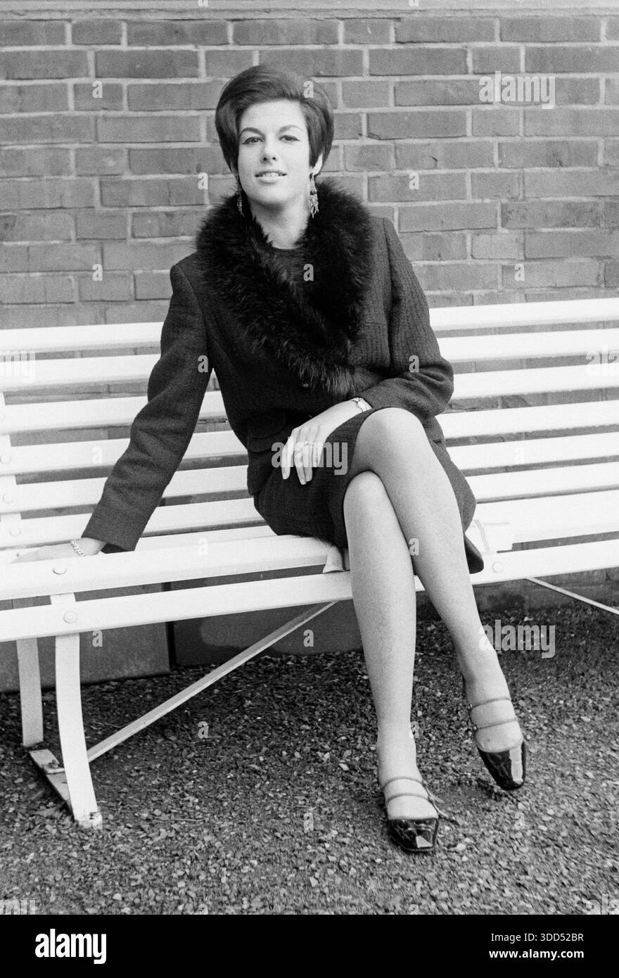 Soixante, 02.10.1966, Allemagne, personnes, femmes, jeune femme, 20 à 25 ans, prise de vue photo dans le jardin, assise sur un banc en bois, costume et col en fourrure, portrait en pied, Edith Banque D'Images