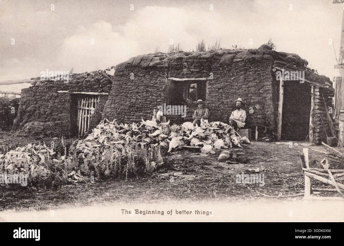 Carte postale de deux hommes assis devant la maison de gazon avec des piles de crânes de buffles, région des prairies nord-américaines, environ 1910s carte postale. photographe non identifié Banque D'Images