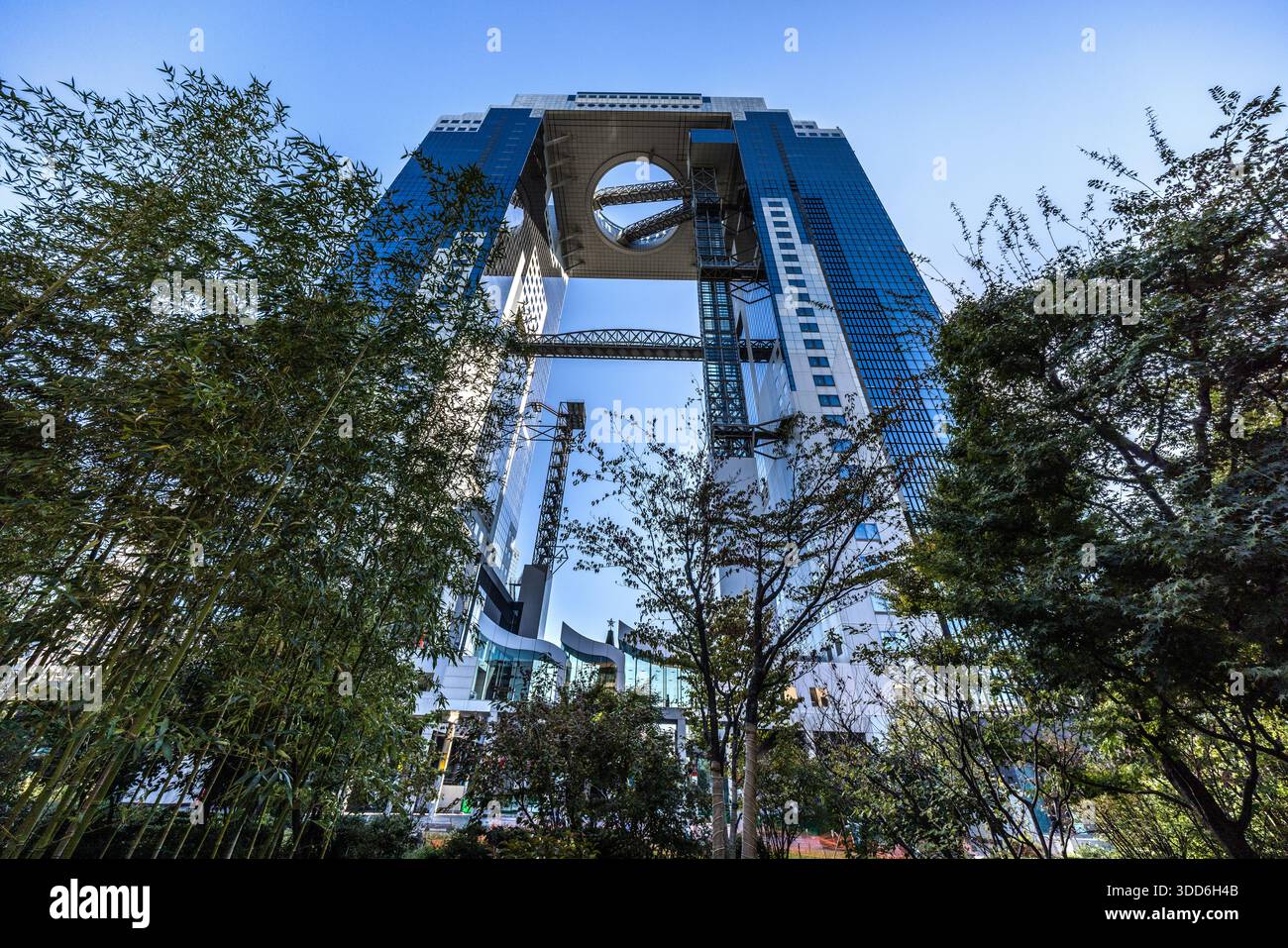 Le Umeda Sky Building s’élève derrière les arbres et le bambou à Osaka, au Japon. Les tours jumelles du bâtiment de 173 mètres, achevé en 1993 par l’architecte Hiroshi Hara, sont reliées au 39e étage par l’observatoire en forme d’anneau „Floating Garden Observatory". Banque D'Images