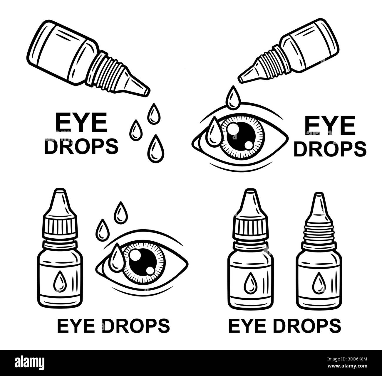 Flacon médical de gouttes oculaires, compte-gouttes de pharmacie de médecine, compte-gouttes ophtalmologiques, médicament liquide goutte à goutte. Traitement de la vue. Icône de ligne de santé de l'organe visuel Illustration de Vecteur