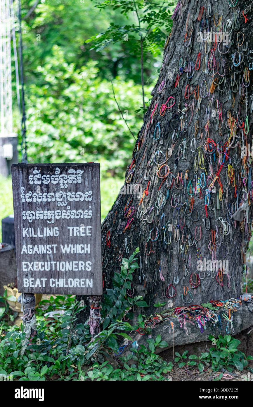 Bracelets et offrandes accrochés à l'arbre tueur, un mémorial aux victimes du régime khmer rouge au centre génocidaire choeung ek à phnom penh, cambodge Banque D'Images