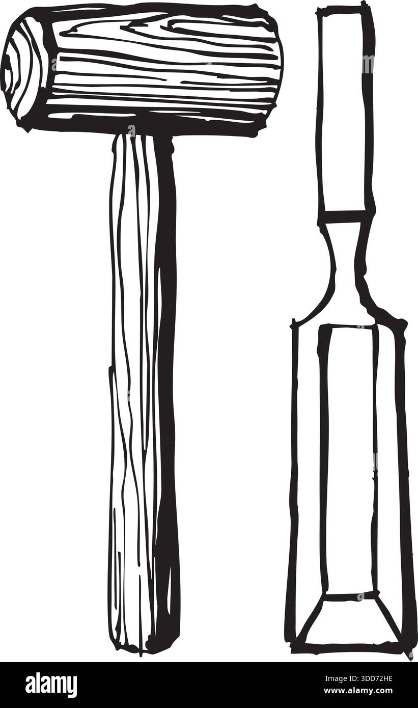 Un maillet de travail du bois associé à un burin pointu illustré à la verticale. Illustration de Vecteur