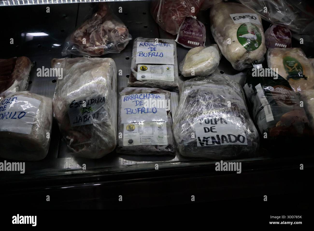 Le marché de San Juan à Mexico est célèbre pour son offre culinaire, avec une grande variété de fruits de mer et de viandes. Cependant, il attire également les touristes qui peuvent trouver de la venaison, du crocodile, du lion, du cochon de lait, de la chèvre, buffalo, et autres viandes exotiques. Il existe également des aliments et des collations uniques à vendre que tout le monde n'ose pas manger, comme divers insectes : scorpions, coléoptères, fourmis chicatana, vers maguey et escamoles (larves de fourmis). Ceux-ci peuvent être préparés dans des tacos, avec du guacamole, avec du chocolat, ou simplement seuls. Certaines familles mexicaines achètent ces types de viandes et d'aliments pour leur nouvel an Banque D'Images