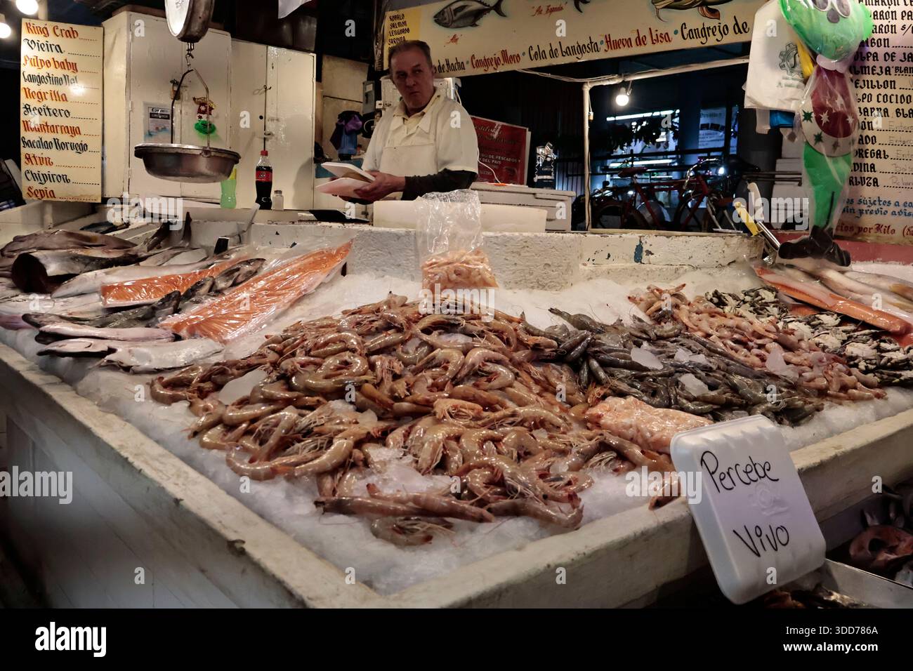 Le marché de San Juan à Mexico est célèbre pour son offre culinaire, avec une grande variété de fruits de mer et de viandes. Cependant, il attire également les touristes qui peuvent trouver de la venaison, du crocodile, du lion, du cochon de lait, de la chèvre, buffalo, et autres viandes exotiques. Il existe également des aliments et des collations uniques à vendre que tout le monde n'ose pas manger, comme divers insectes : scorpions, coléoptères, fourmis chicatana, vers maguey et escamoles (larves de fourmis). Ceux-ci peuvent être préparés dans des tacos, avec du guacamole, avec du chocolat, ou simplement seuls. Certaines familles mexicaines achètent ces types de viandes et d'aliments pour leur nouvel an Banque D'Images
