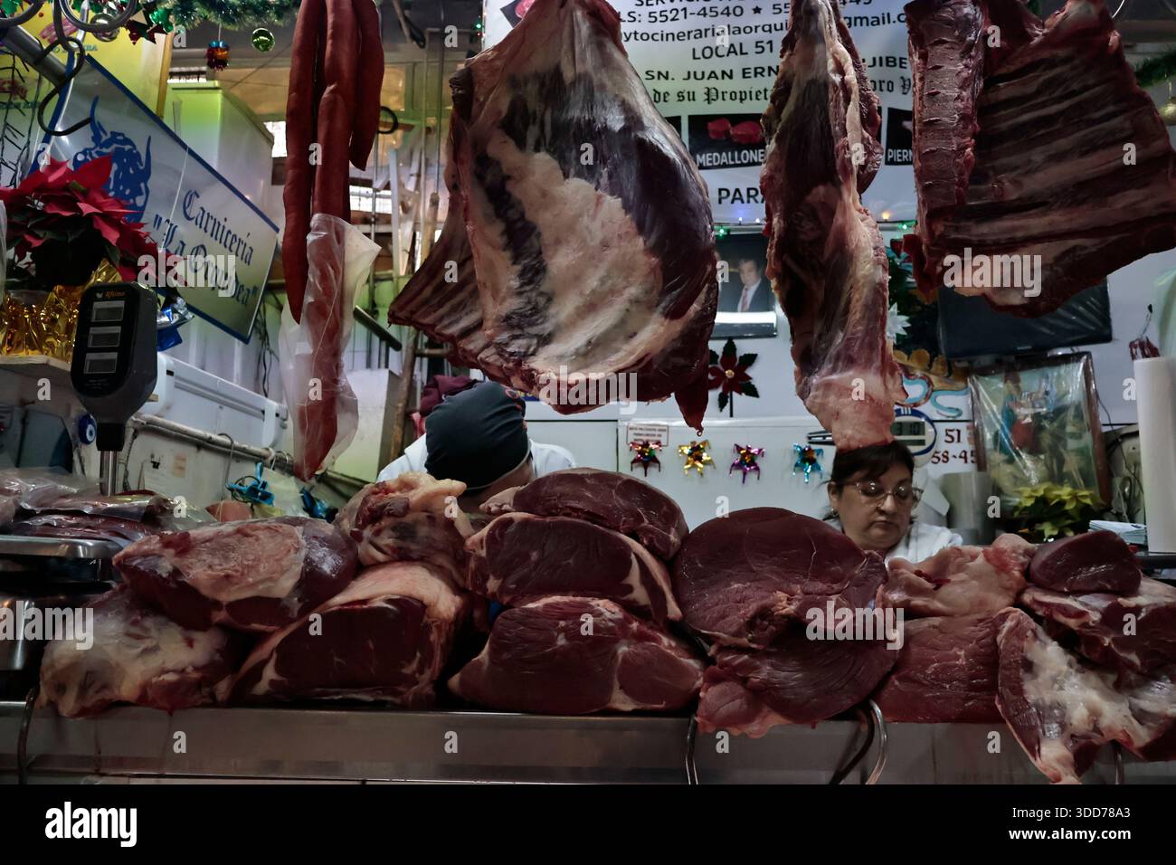 Le marché de San Juan à Mexico est célèbre pour son offre culinaire, avec une grande variété de fruits de mer et de viandes. Cependant, il attire également les touristes qui peuvent trouver de la venaison, du crocodile, du lion, du cochon de lait, de la chèvre, buffalo, et autres viandes exotiques. Il existe également des aliments et des collations uniques à vendre que tout le monde n'ose pas manger, comme divers insectes : scorpions, coléoptères, fourmis chicatana, vers maguey et escamoles (larves de fourmis). Ceux-ci peuvent être préparés dans des tacos, avec du guacamole, avec du chocolat, ou simplement seuls. Certaines familles mexicaines achètent ces types de viandes et d'aliments pour leur nouvel an Banque D'Images