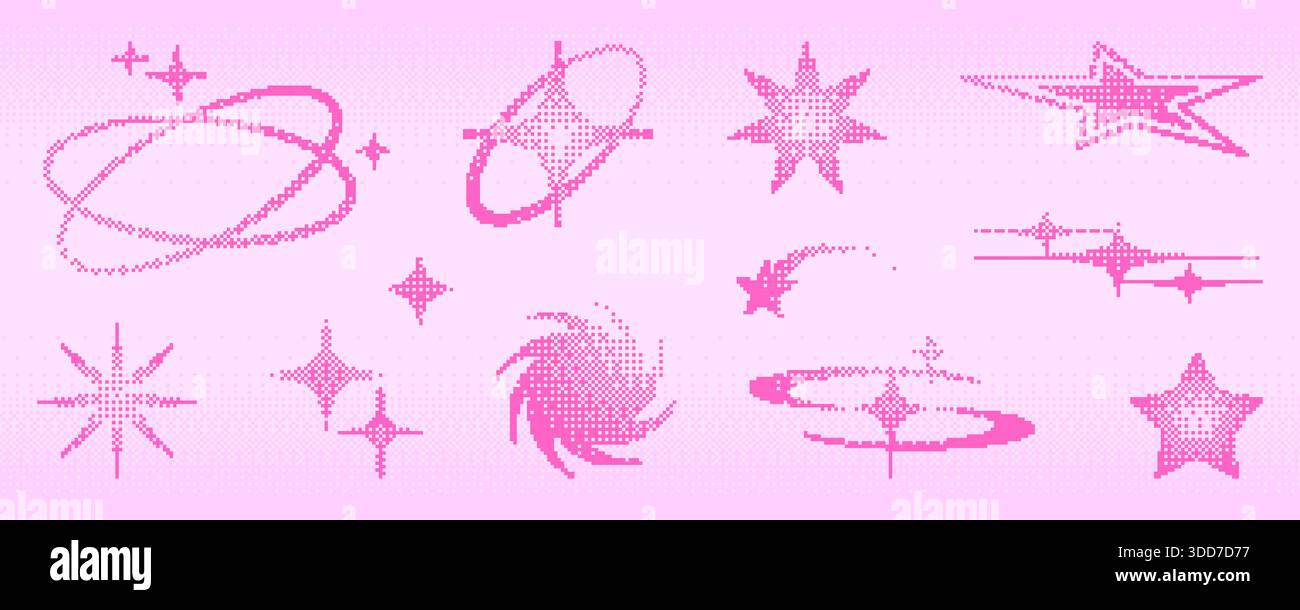 Icône de forme d'étoile de pixel Y2K définie avec des dégradés de demi-teinte en rose sur fond pastel. Graphismes bitmap rétro - étincelles, anneaux orbitaux et éléments décoratifs éclatants pour une esthétique numérique nostalgique Illustration de Vecteur