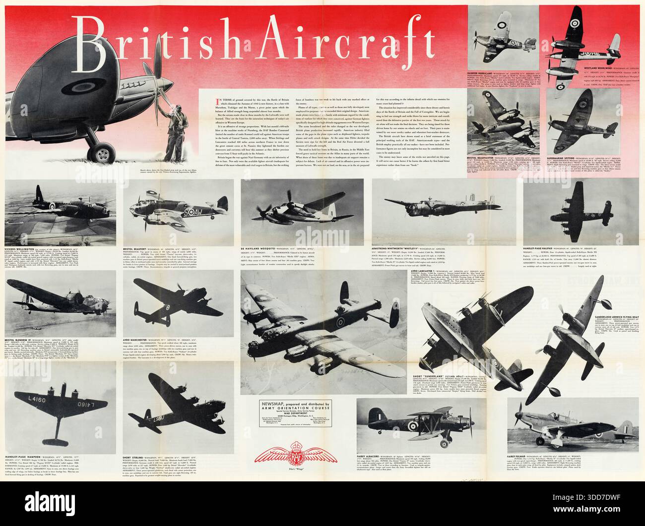 Affiche de la carte d'information stratégique 1944 intitulée BRITISH AIRCRAFT présentant des silhouettes et des photographies de bombardiers et de chasseurs de la Royal Air Force (RAF) à des fins d'identification Banque D'Images