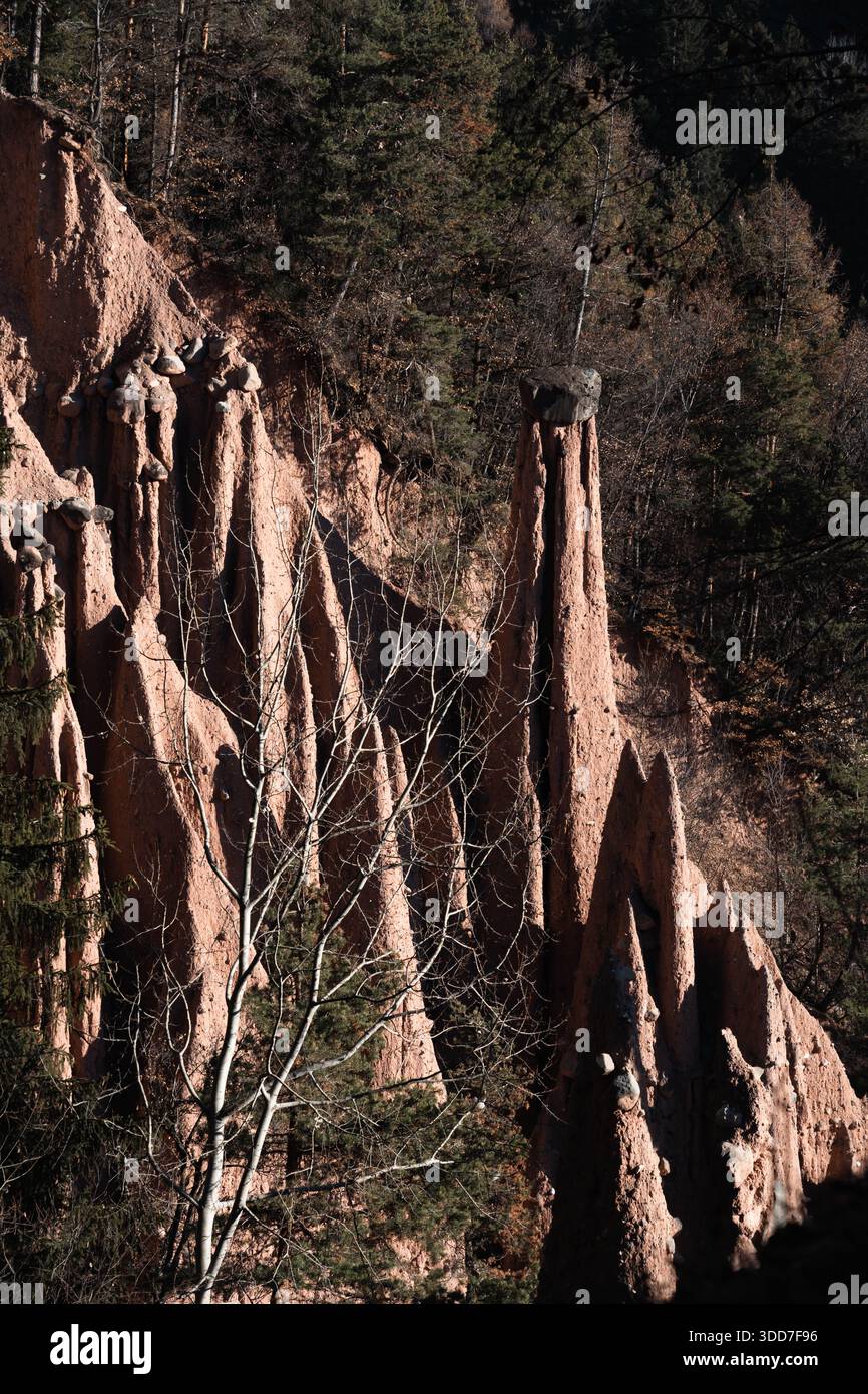 Énorme rocher soutenu par une colonne de terre. Pyramide de terre, argile moraine d'origine glaciaire. Phénomènes naturels sur le plateau de Renon, dans le Trentin Haut-Adige. Banque D'Images