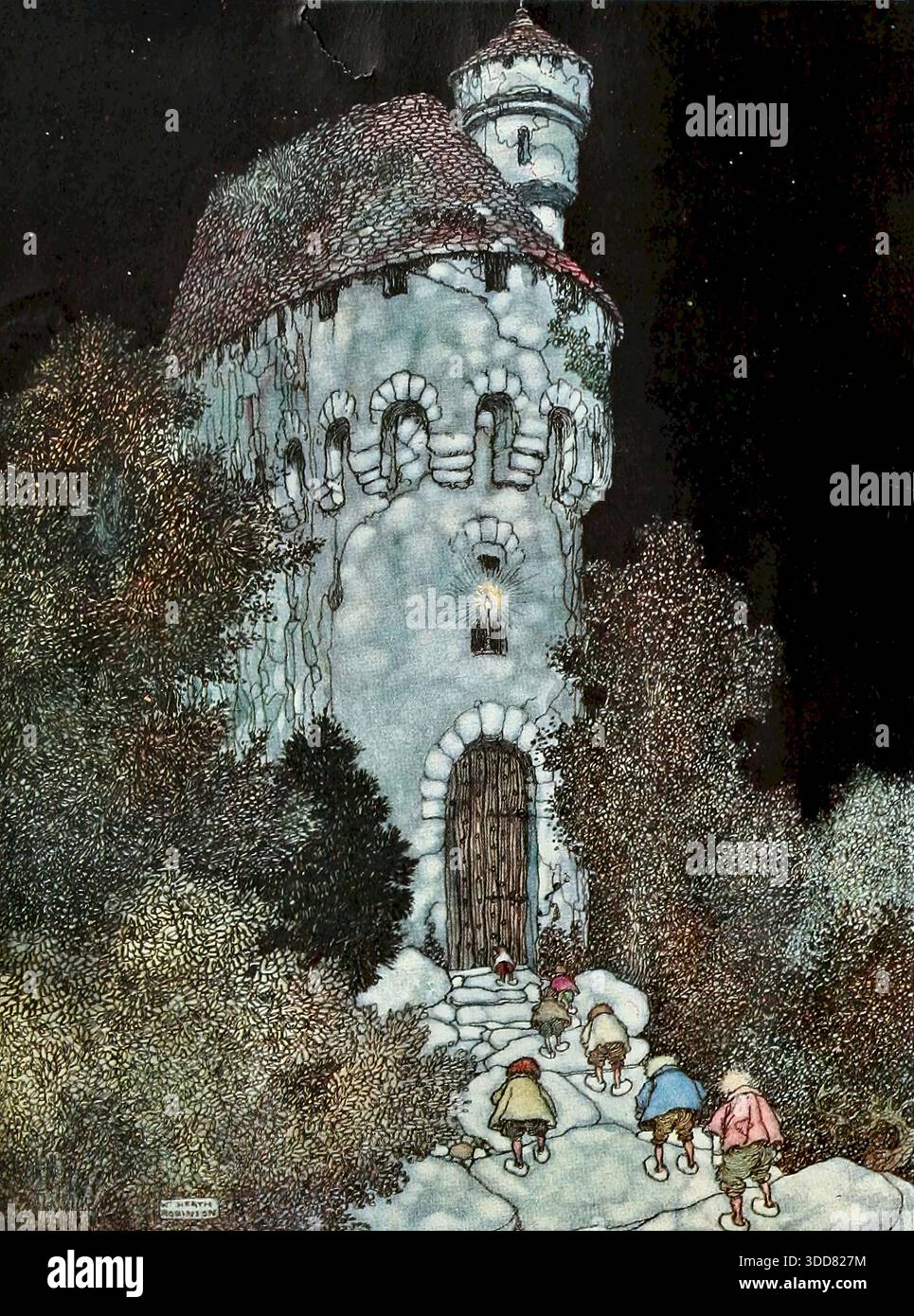 William Heath Robinson - Old Time Stories by Charles Perrault - Little Tom Thumb - ils ont atteint la maison où la lumière brûlait Banque D'Images