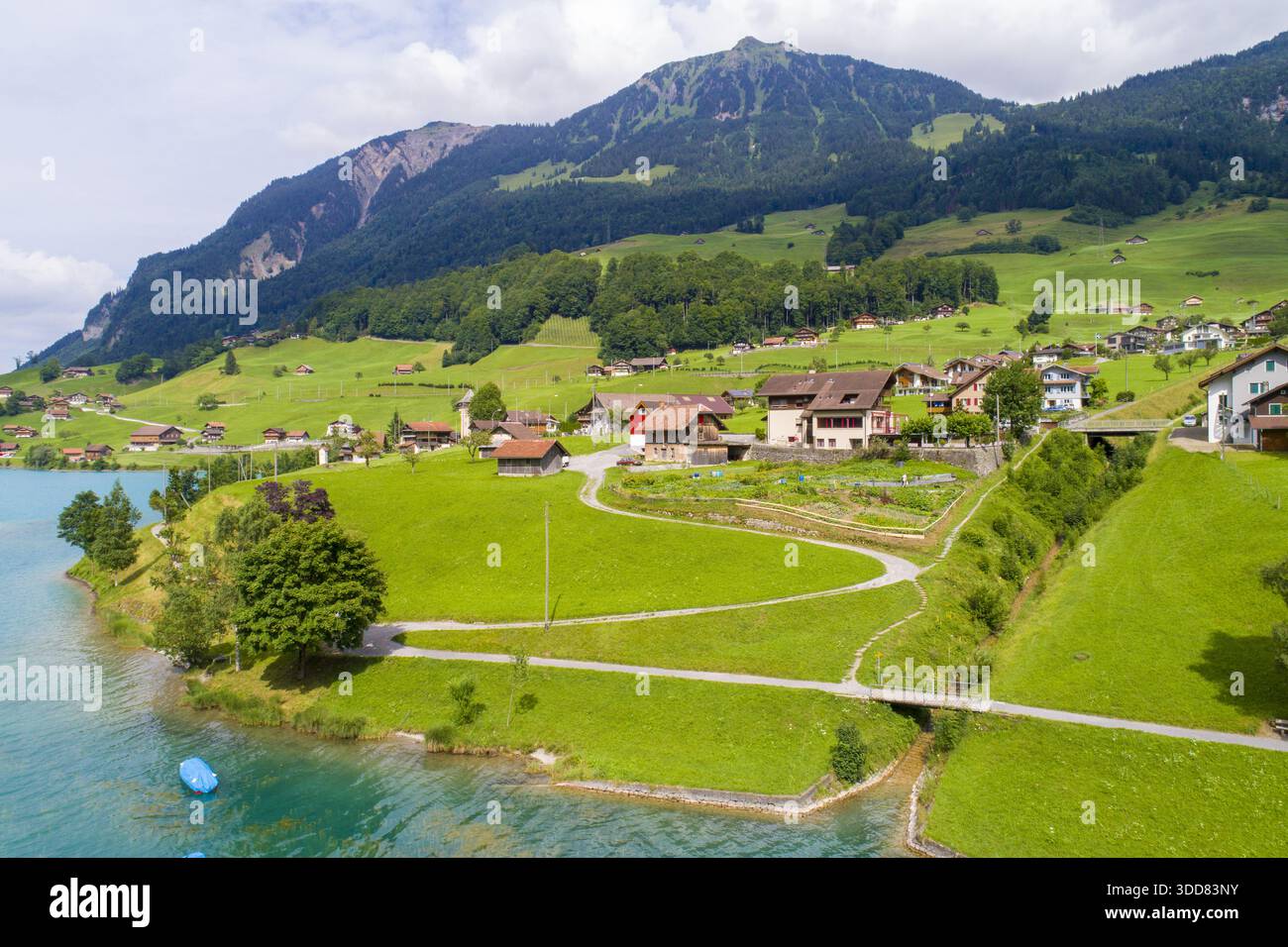 Vue aérienne des collines verdoyantes rencontrent le lac tranquille, avec des maisons nichées au milieu du paysage, créant un paysage serein., Treptower Park, Berlin, Banque D'Images