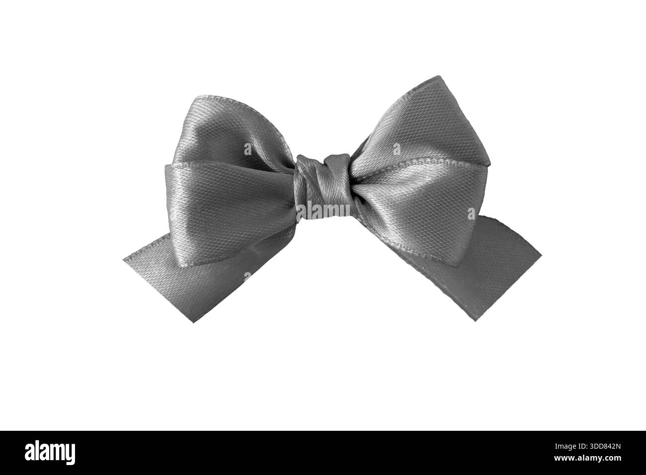 Noeud élégant en ruban de satin gris isolé sur fond blanc. Ruban noué style coquette. Noeud en soie à double noeud. Elément décoratif minimal pour papier cadeau Banque D'Images