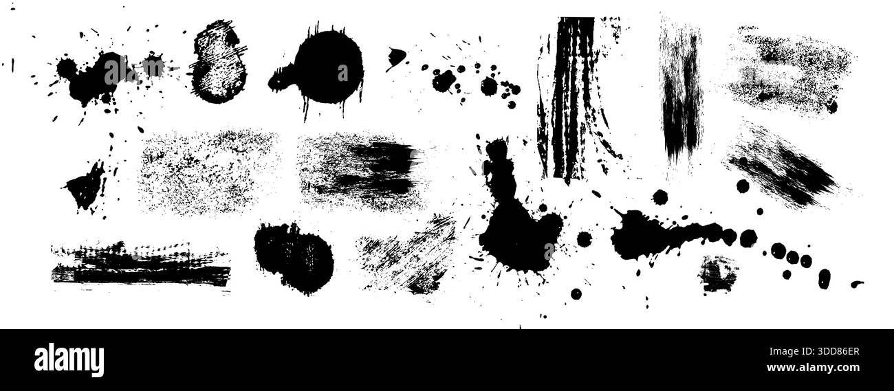 Les taches noires et les traits de peinture sont isolés sur fond blanc. Illustration réaliste vectorielle de la texture abstraite des éclaboussures d'encre, des éclaboussures de pulvérisation, des griffures de charbon de bois rayées, des éléments de conception grungy Illustration de Vecteur