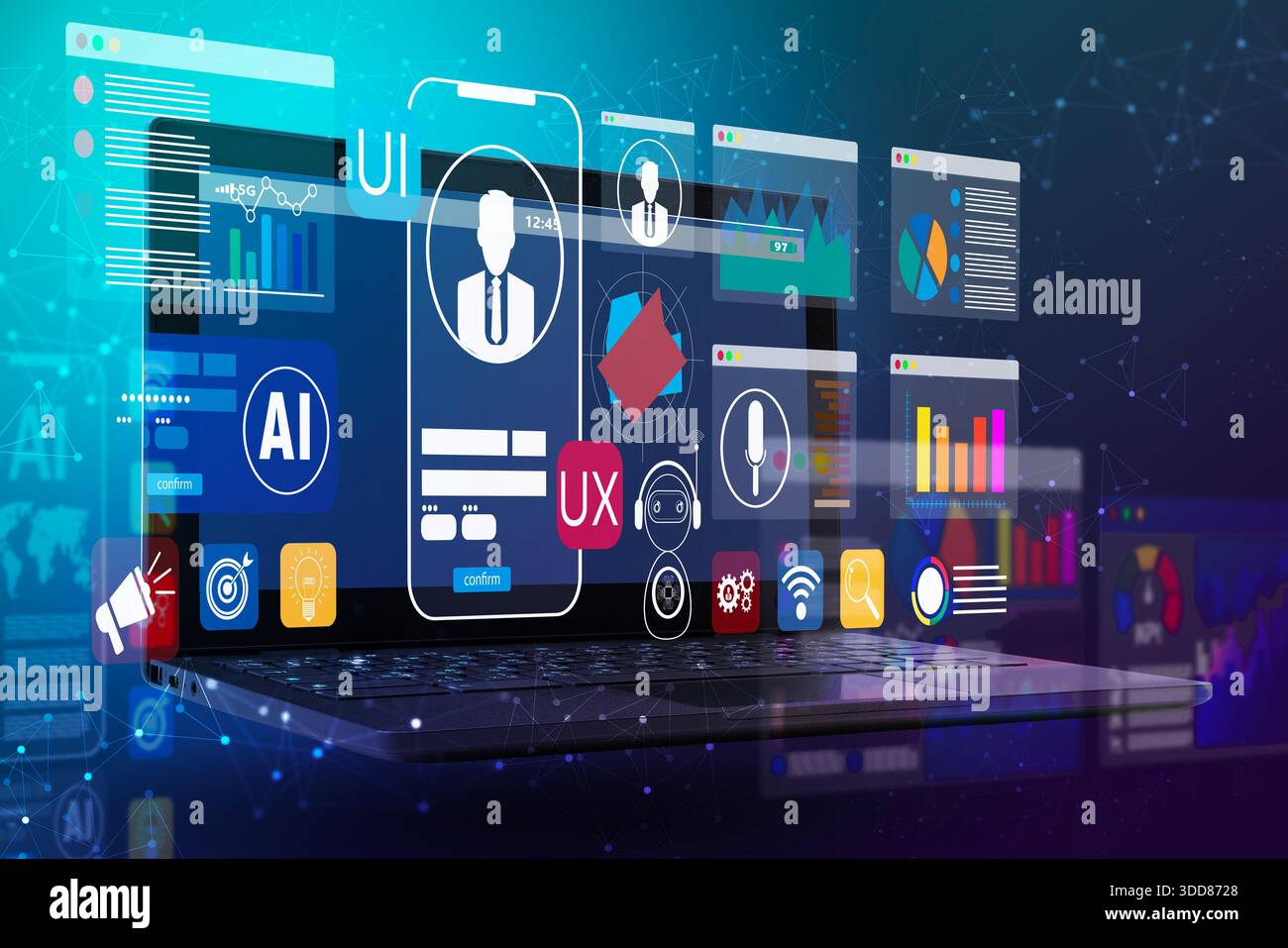 Ordinateur portable futuriste avec des éléments d'interface ai, UI et UX, des graphiques et des icônes superposés. Concept de développement d'applications, tableau de bord d'analyse de données, trans numérique Banque D'Images