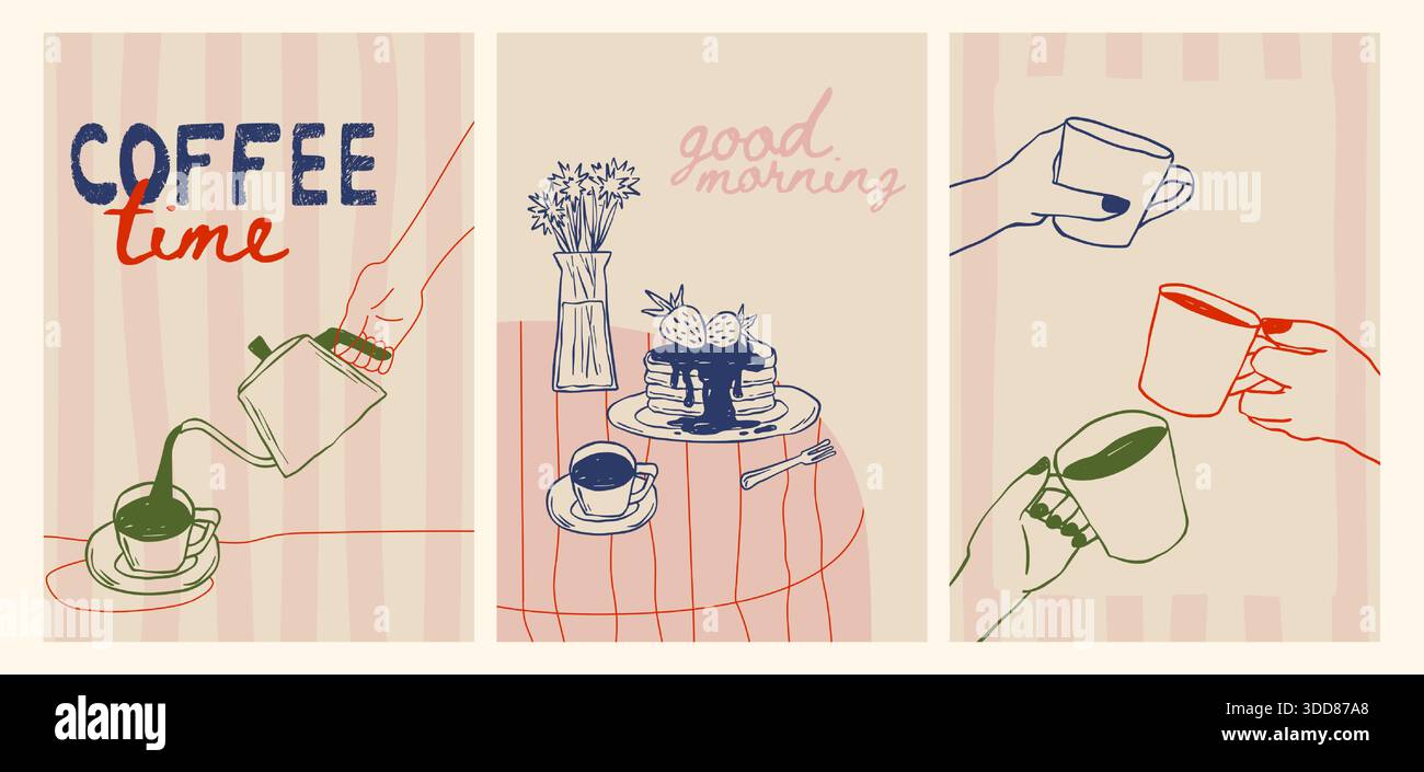 Affiches de doodle de crayon de café avec croquis de café de petit déjeuner - couler à la main de la bouilloire, crêpes et fleurs bonjour, tasses dans les mains. Illustrations de dessin au trait pour la décoration de cuisine ou de restaurant. Illustration de Vecteur