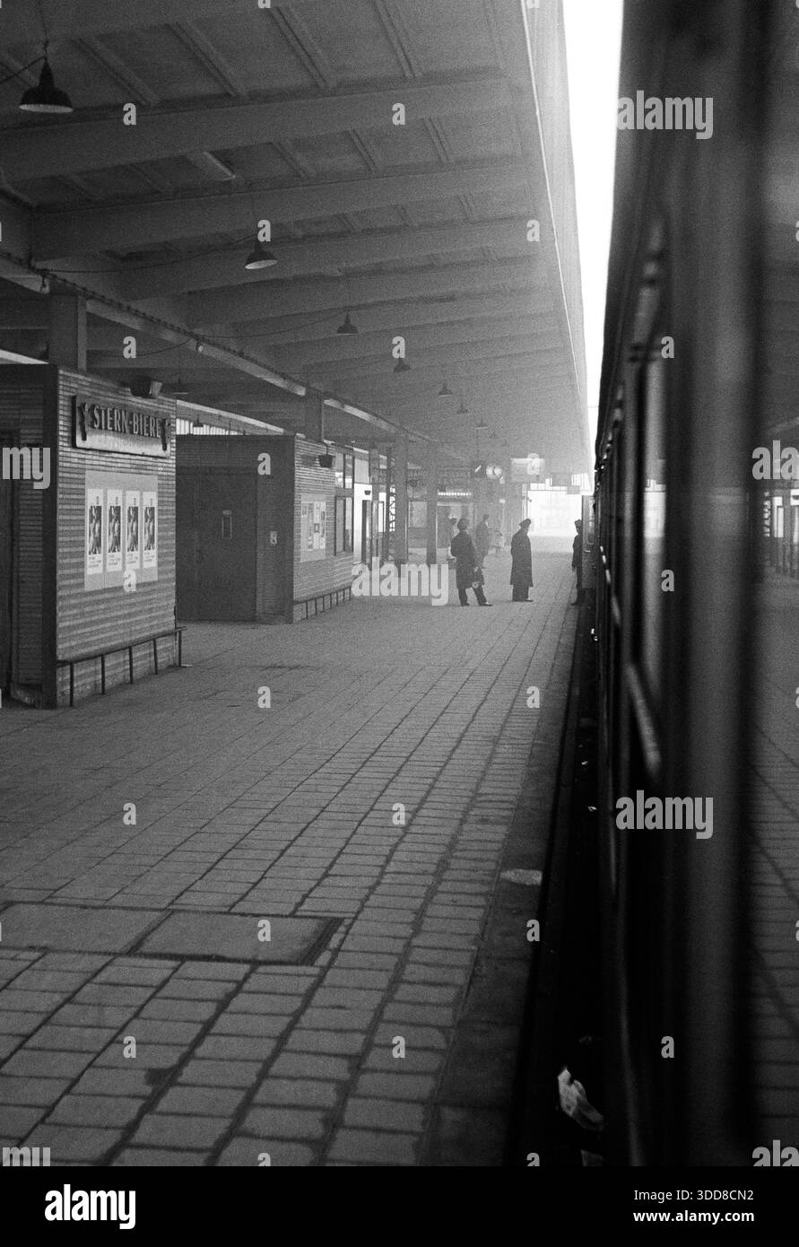 Sechzigerjahre, 12.02.1966, Eisenbahn, Blick aus einem Abteilfenster entlang der waggons des Zuges auf den Bahnsteig eines Bahnhofes, Zug ist auf dem Weg zwischen Essen und Duesseldorf, Deutschland, Rheinland, Nordrhein-Westfalen, NRW Sechzigerjahre, 12.02.1966, Eisenbahn, Blick aus einem Abteilfenster entlang der waggons des Zuges auf den Bahnsteig eines Bahnhofes, Zug ist auf dem Weg zwischen Essen und Duesseldorf, Deutschland, Rheinland, Nordrhein-Westfalen, NRW, années soixante, 12.02.1966, chemin de fer, vue d'une fenêtre de compartiment le long des wagons de chemin de fer jusqu'au quai d'une gare, t Banque D'Images